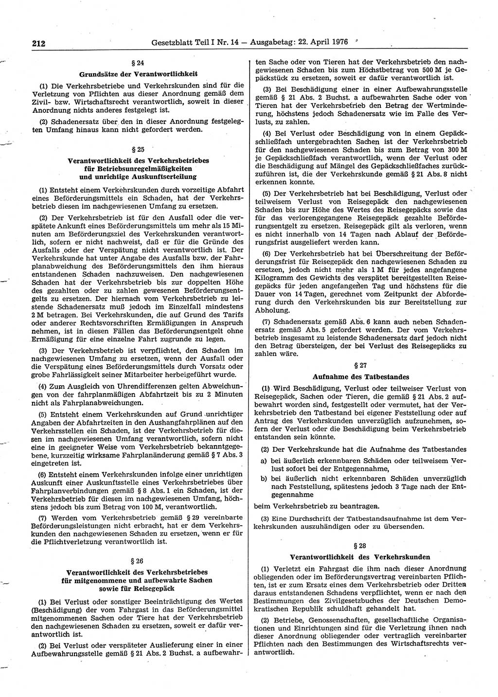 Gesetzblatt (GBl.) der Deutschen Demokratischen Republik (DDR) Teil Ⅰ 1976, Seite 212 (GBl. DDR Ⅰ 1976, S. 212)