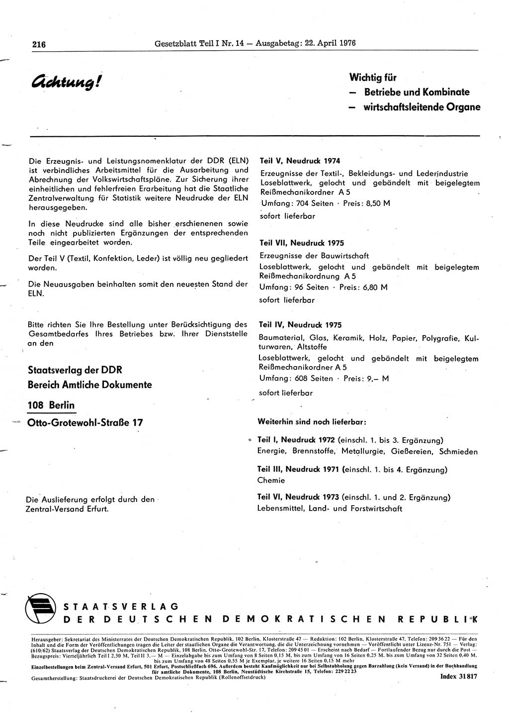 Gesetzblatt (GBl.) der Deutschen Demokratischen Republik (DDR) Teil Ⅰ 1976, Seite 216 (GBl. DDR Ⅰ 1976, S. 216)