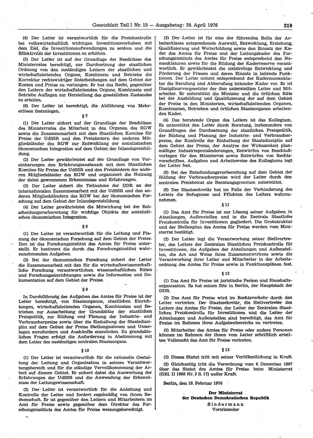 Gesetzblatt (GBl.) der Deutschen Demokratischen Republik (DDR) Teil Ⅰ 1976, Seite 219 (GBl. DDR Ⅰ 1976, S. 219)