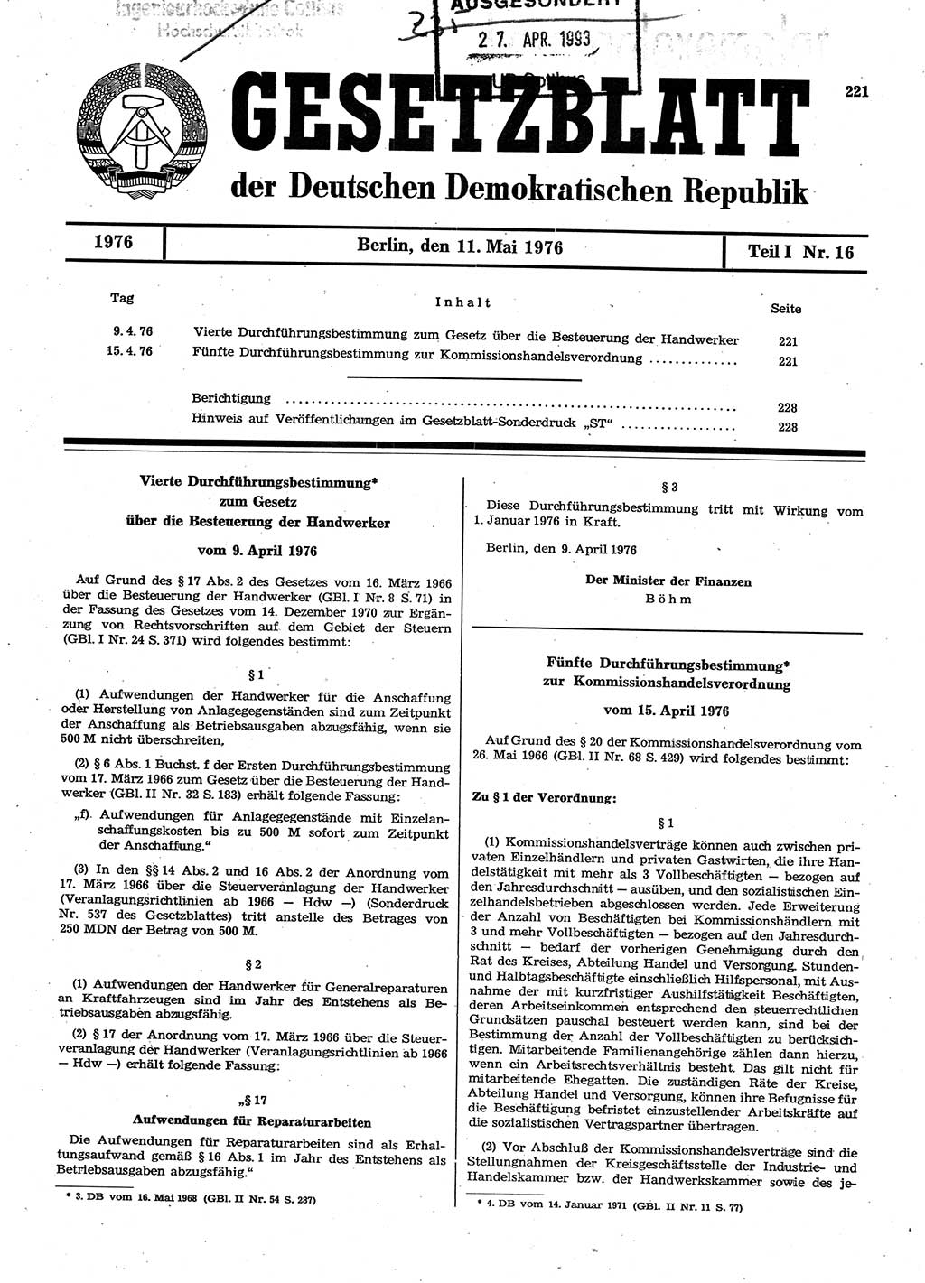 Gesetzblatt (GBl.) der Deutschen Demokratischen Republik (DDR) Teil Ⅰ 1976, Seite 221 (GBl. DDR Ⅰ 1976, S. 221)