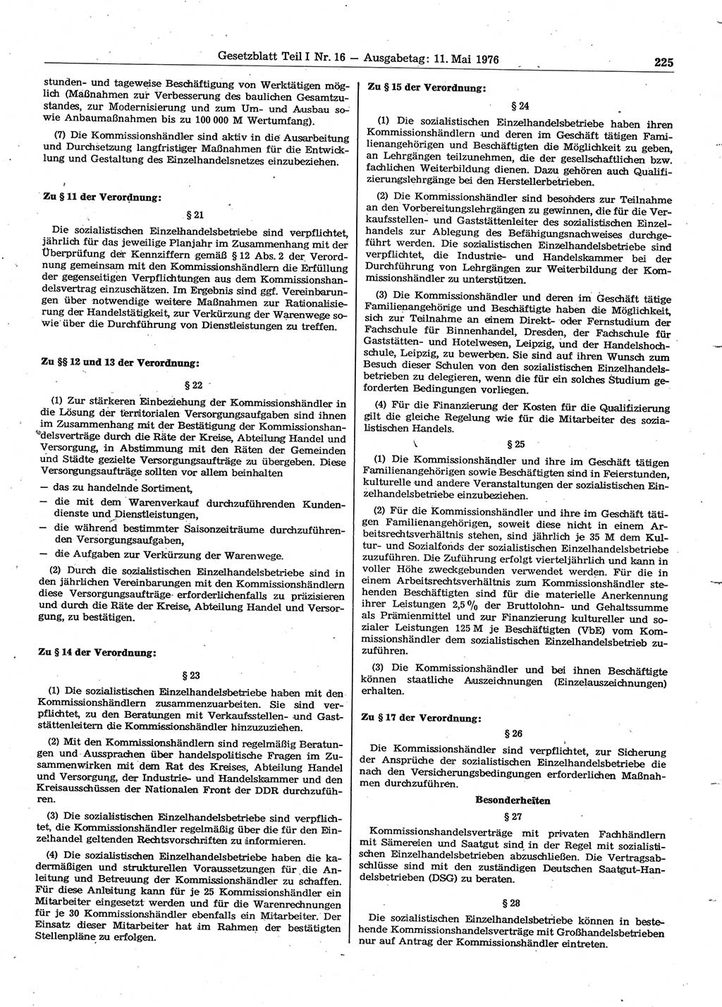 Gesetzblatt (GBl.) der Deutschen Demokratischen Republik (DDR) Teil Ⅰ 1976, Seite 225 (GBl. DDR Ⅰ 1976, S. 225)