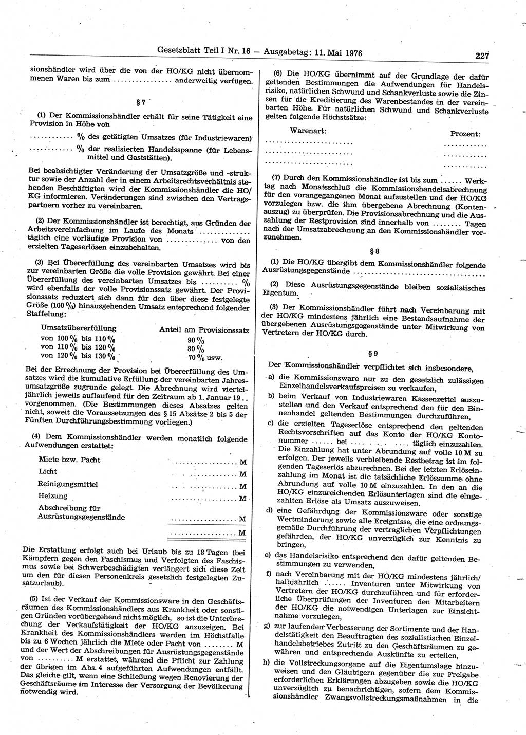 Gesetzblatt (GBl.) der Deutschen Demokratischen Republik (DDR) Teil Ⅰ 1976, Seite 227 (GBl. DDR Ⅰ 1976, S. 227)