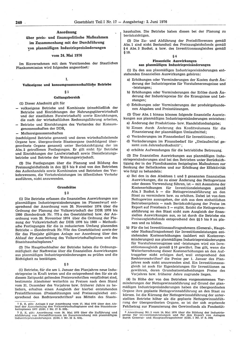 Gesetzblatt (GBl.) der Deutschen Demokratischen Republik (DDR) Teil Ⅰ 1976, Seite 240 (GBl. DDR Ⅰ 1976, S. 240)