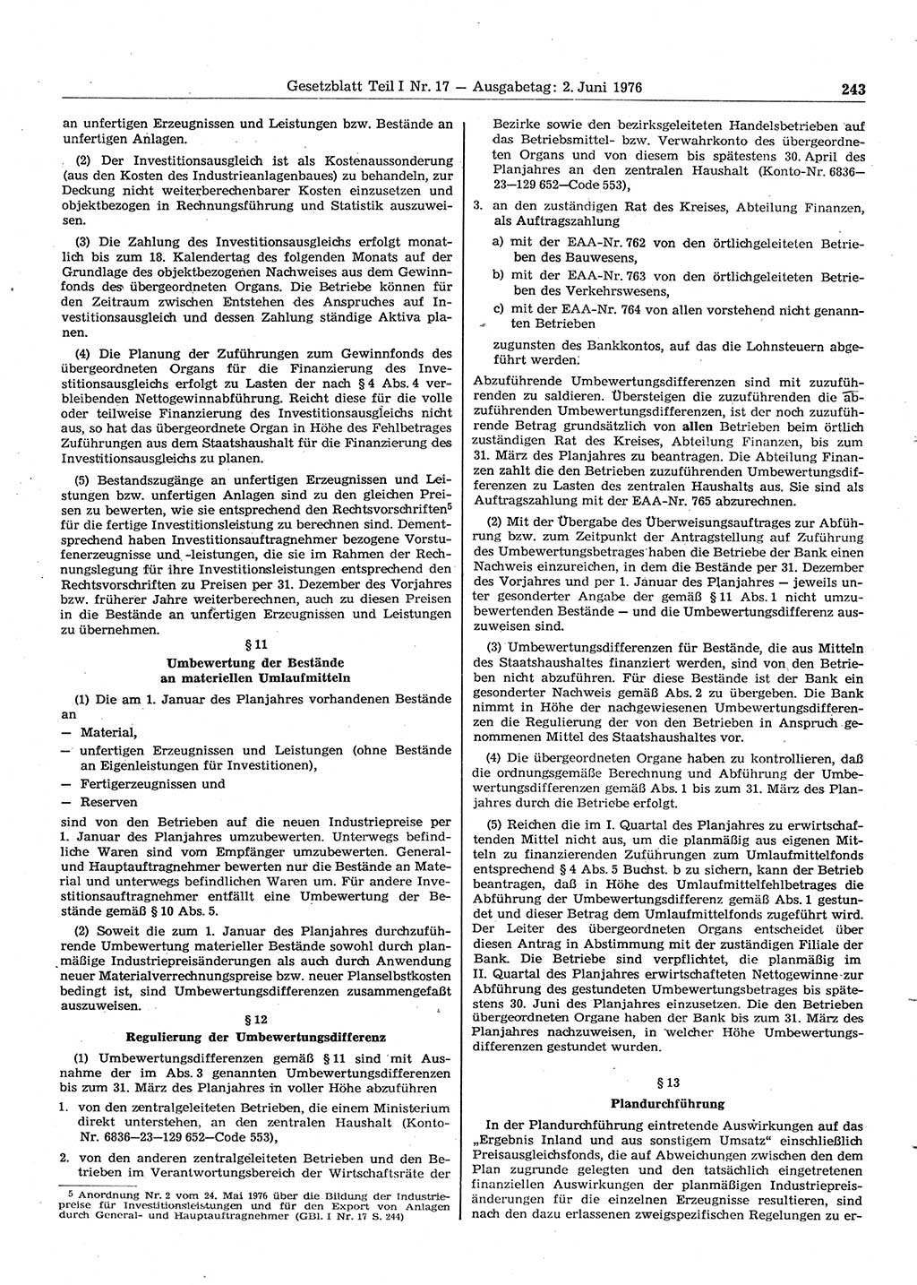 Gesetzblatt (GBl.) der Deutschen Demokratischen Republik (DDR) Teil Ⅰ 1976, Seite 243 (GBl. DDR Ⅰ 1976, S. 243)