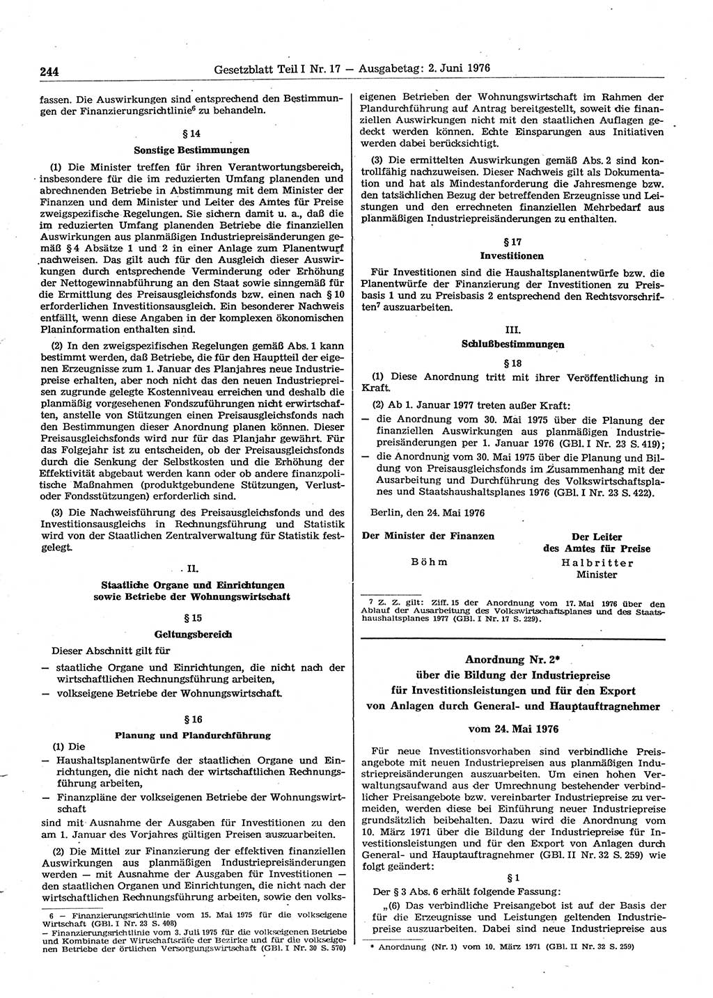 Gesetzblatt (GBl.) der Deutschen Demokratischen Republik (DDR) Teil Ⅰ 1976, Seite 244 (GBl. DDR Ⅰ 1976, S. 244)