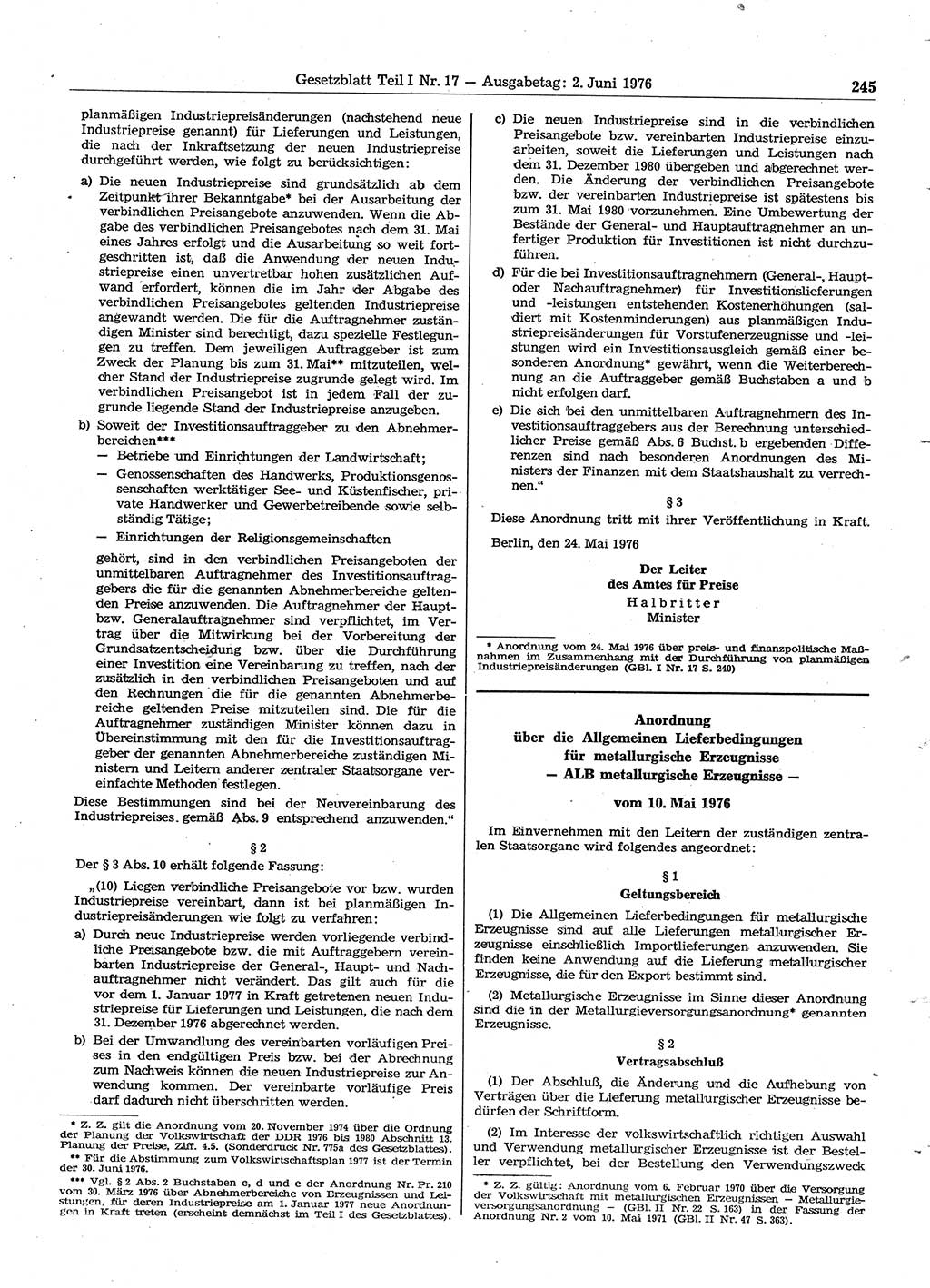 Gesetzblatt (GBl.) der Deutschen Demokratischen Republik (DDR) Teil Ⅰ 1976, Seite 245 (GBl. DDR Ⅰ 1976, S. 245)