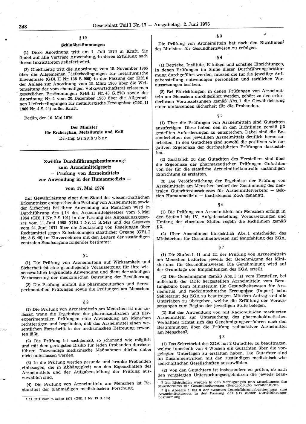 Gesetzblatt (GBl.) der Deutschen Demokratischen Republik (DDR) Teil Ⅰ 1976, Seite 248 (GBl. DDR Ⅰ 1976, S. 248)