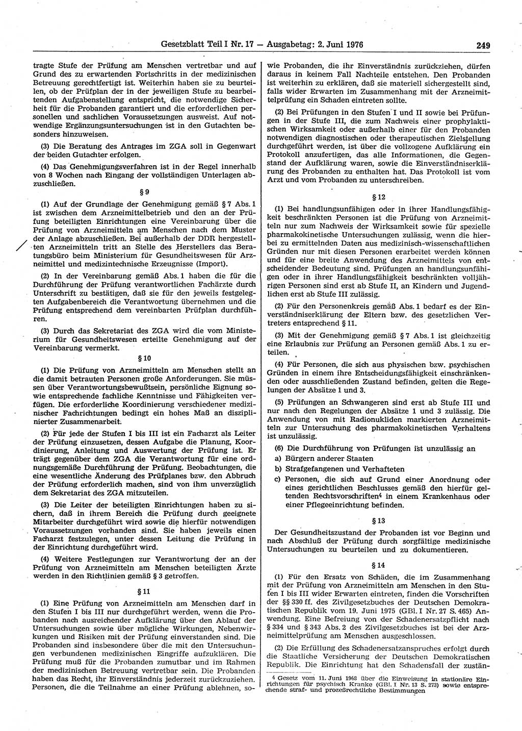 Gesetzblatt (GBl.) der Deutschen Demokratischen Republik (DDR) Teil Ⅰ 1976, Seite 249 (GBl. DDR Ⅰ 1976, S. 249)