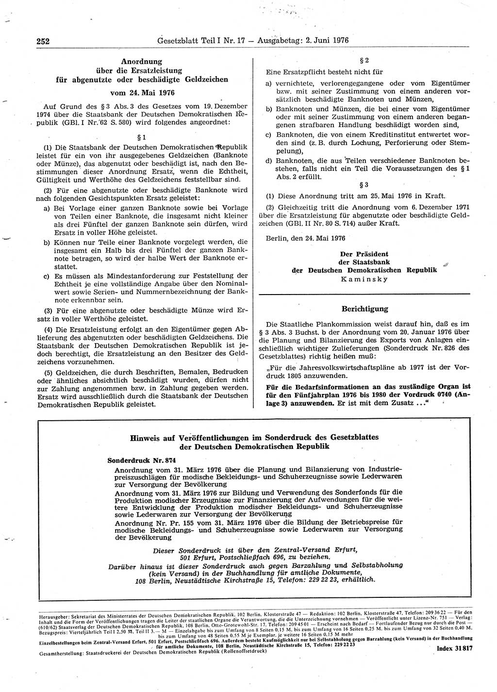 Gesetzblatt (GBl.) der Deutschen Demokratischen Republik (DDR) Teil Ⅰ 1976, Seite 252 (GBl. DDR Ⅰ 1976, S. 252)