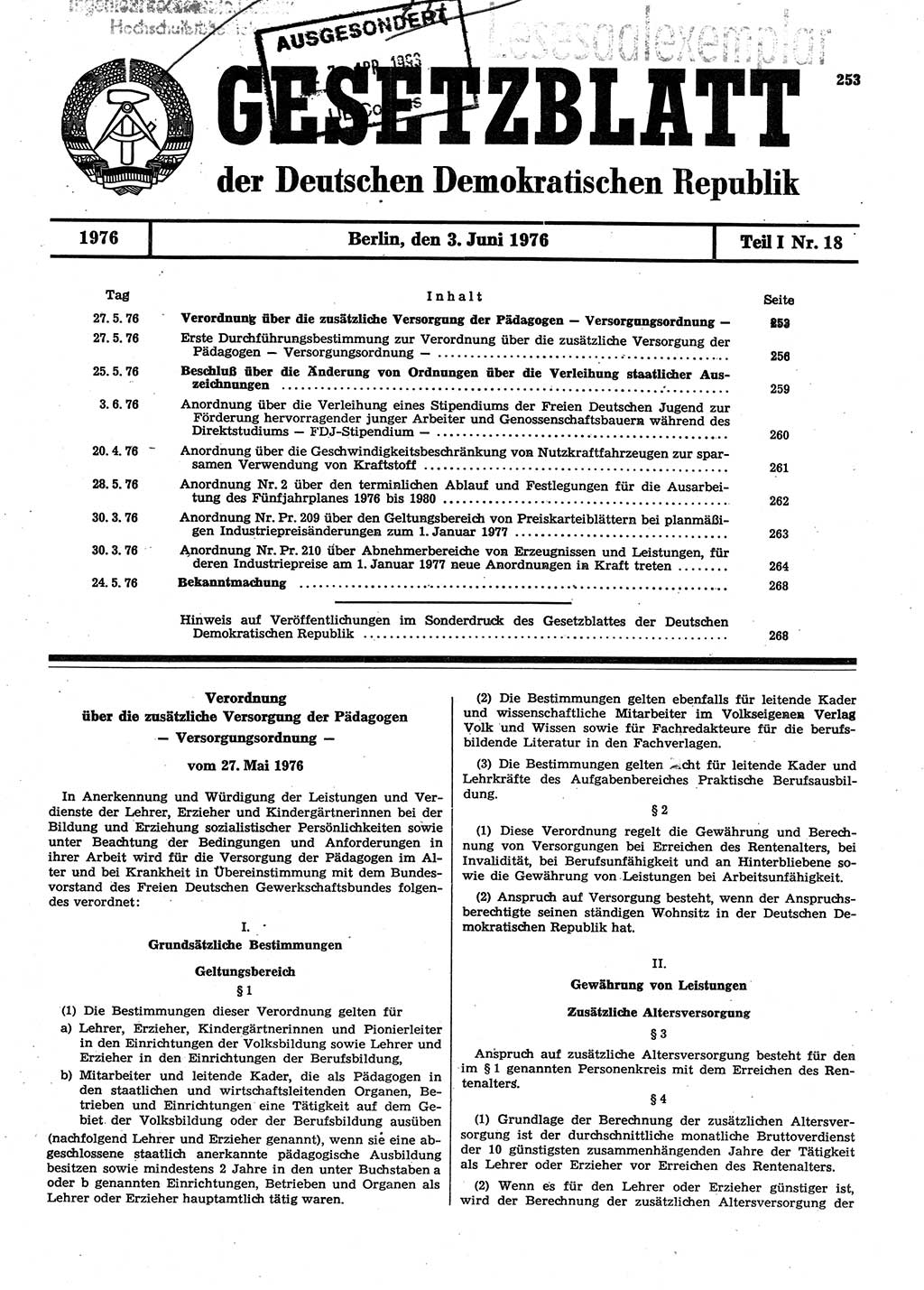 Gesetzblatt (GBl.) der Deutschen Demokratischen Republik (DDR) Teil Ⅰ 1976, Seite 253 (GBl. DDR Ⅰ 1976, S. 253)