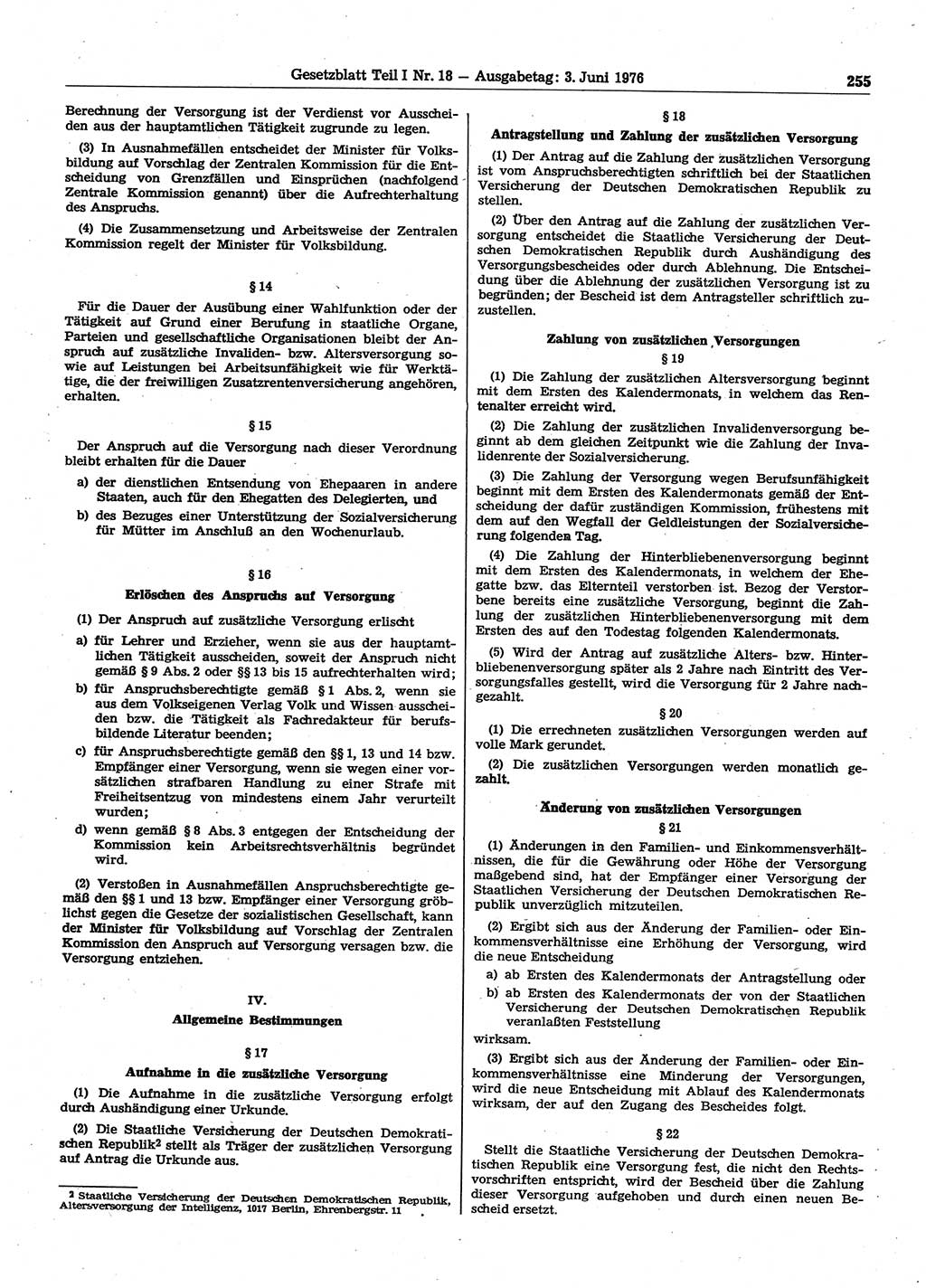 Gesetzblatt (GBl.) der Deutschen Demokratischen Republik (DDR) Teil Ⅰ 1976, Seite 255 (GBl. DDR Ⅰ 1976, S. 255)