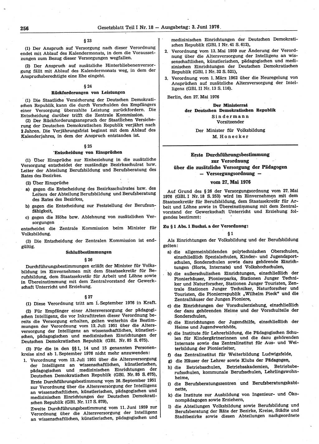 Gesetzblatt (GBl.) der Deutschen Demokratischen Republik (DDR) Teil Ⅰ 1976, Seite 256 (GBl. DDR Ⅰ 1976, S. 256)