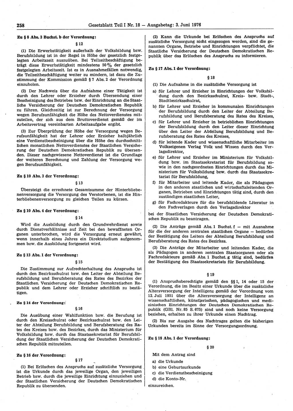 Gesetzblatt (GBl.) der Deutschen Demokratischen Republik (DDR) Teil Ⅰ 1976, Seite 258 (GBl. DDR Ⅰ 1976, S. 258)