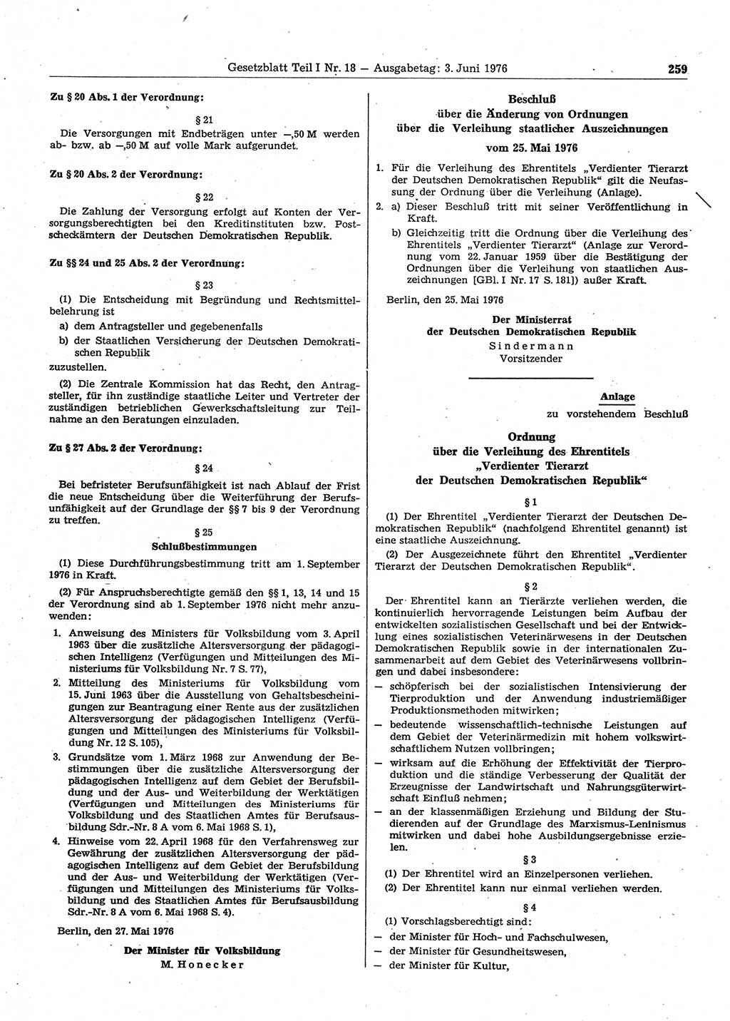 Gesetzblatt (GBl.) der Deutschen Demokratischen Republik (DDR) Teil Ⅰ 1976, Seite 259 (GBl. DDR Ⅰ 1976, S. 259)
