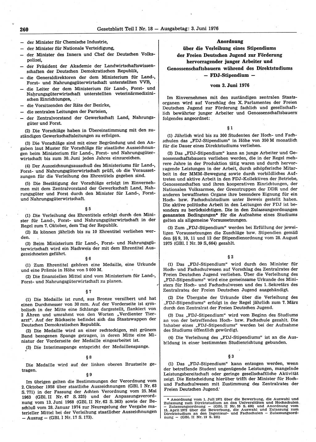 Gesetzblatt (GBl.) der Deutschen Demokratischen Republik (DDR) Teil Ⅰ 1976, Seite 260 (GBl. DDR Ⅰ 1976, S. 260)