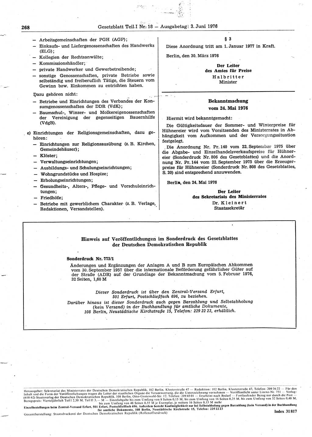 Gesetzblatt (GBl.) der Deutschen Demokratischen Republik (DDR) Teil Ⅰ 1976, Seite 268 (GBl. DDR Ⅰ 1976, S. 268)