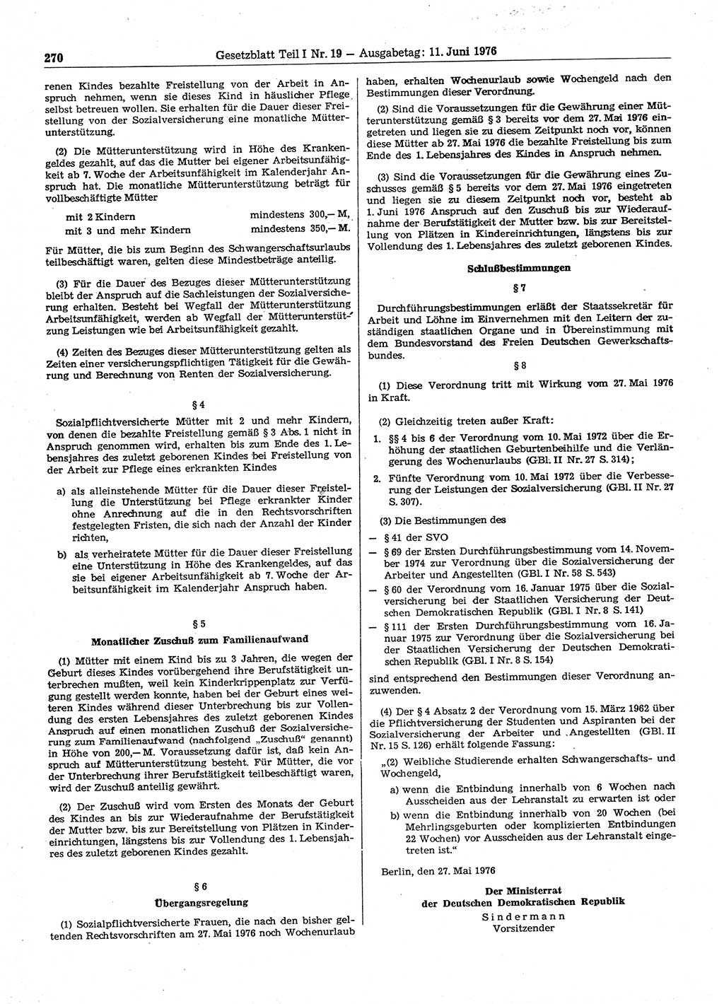 Gesetzblatt (GBl.) der Deutschen Demokratischen Republik (DDR) Teil Ⅰ 1976, Seite 270 (GBl. DDR Ⅰ 1976, S. 270)