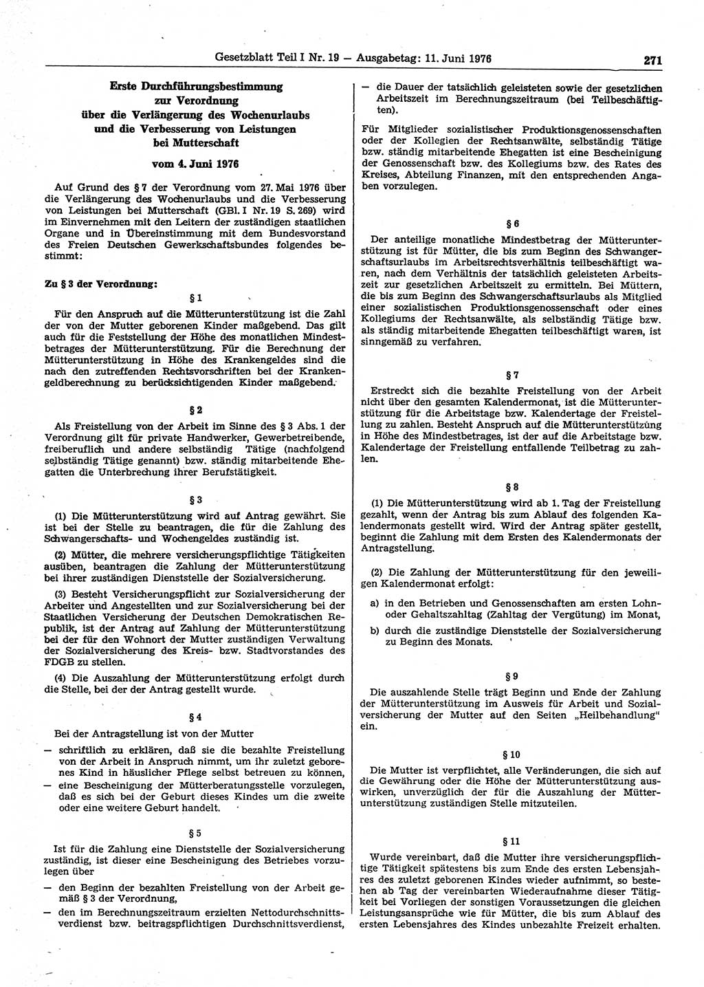 Gesetzblatt (GBl.) der Deutschen Demokratischen Republik (DDR) Teil Ⅰ 1976, Seite 271 (GBl. DDR Ⅰ 1976, S. 271)