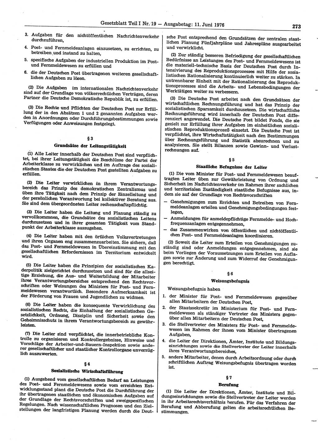 Gesetzblatt (GBl.) der Deutschen Demokratischen Republik (DDR) Teil Ⅰ 1976, Seite 273 (GBl. DDR Ⅰ 1976, S. 273)