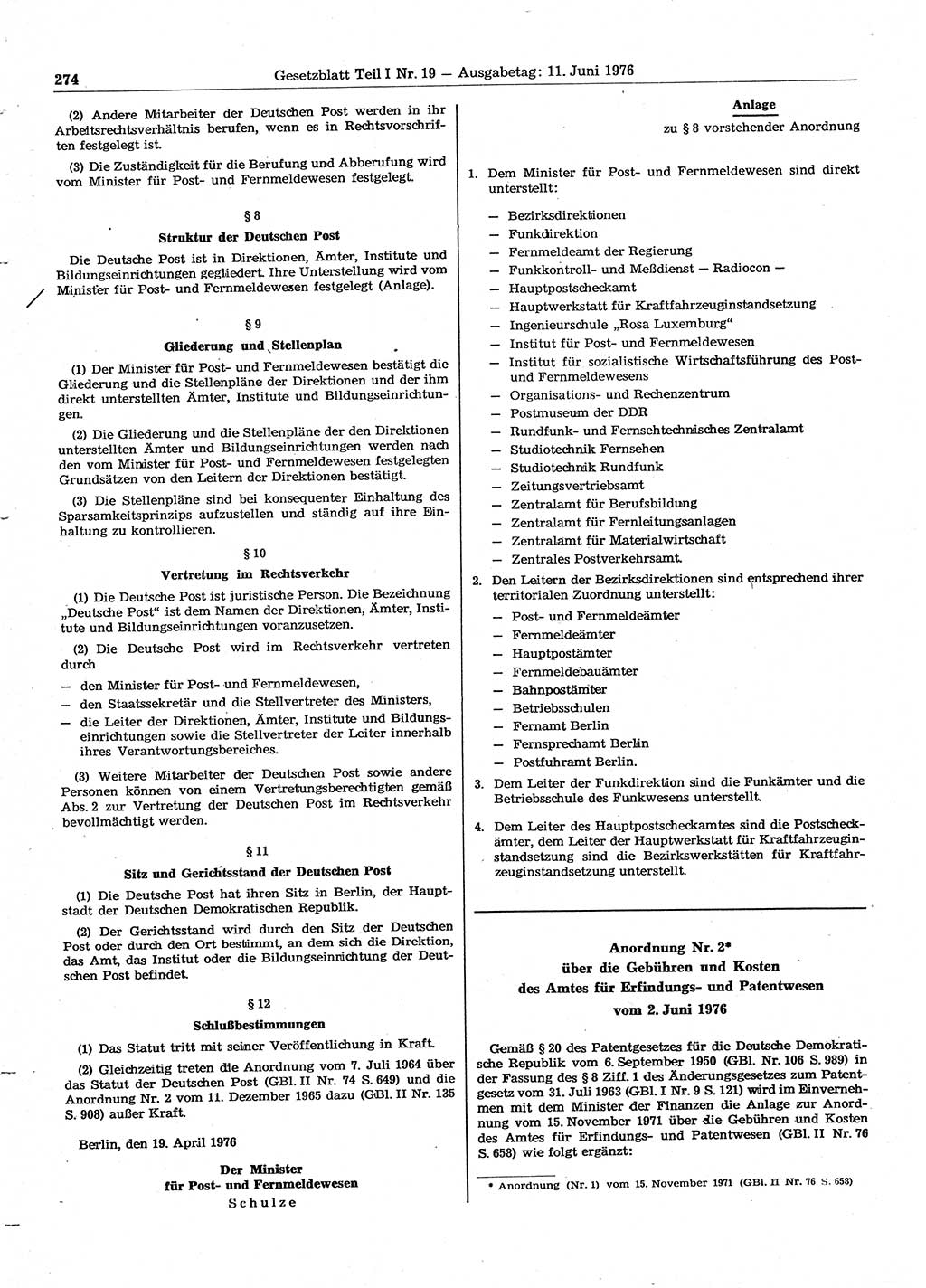 Gesetzblatt (GBl.) der Deutschen Demokratischen Republik (DDR) Teil Ⅰ 1976, Seite 274 (GBl. DDR Ⅰ 1976, S. 274)