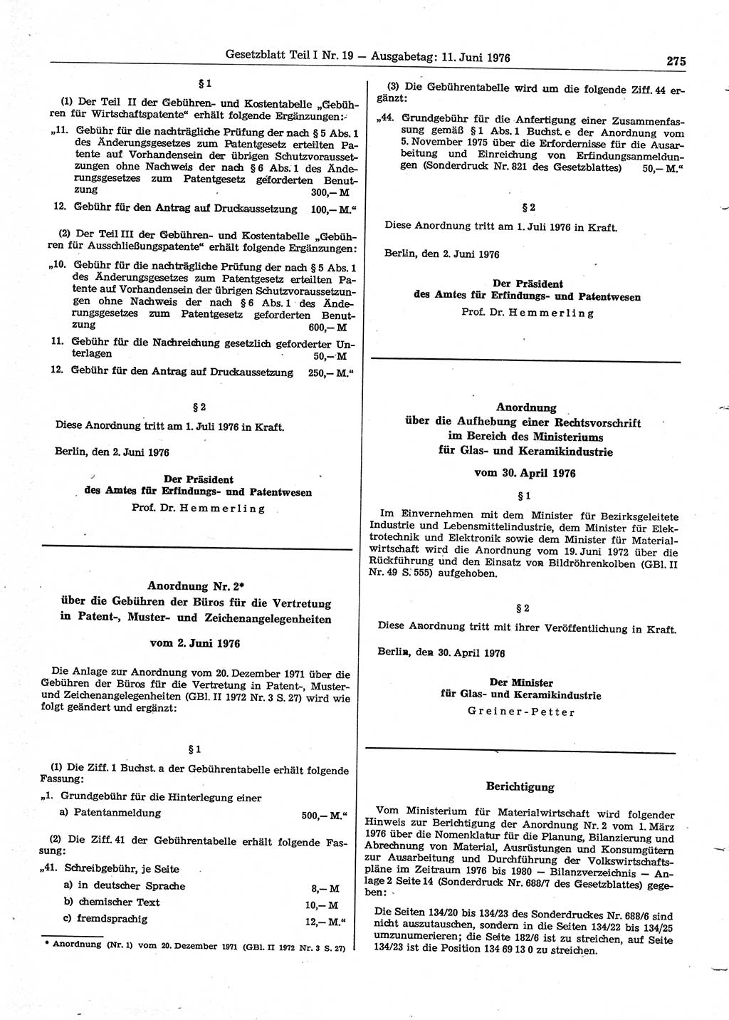 Gesetzblatt (GBl.) der Deutschen Demokratischen Republik (DDR) Teil Ⅰ 1976, Seite 275 (GBl. DDR Ⅰ 1976, S. 275)