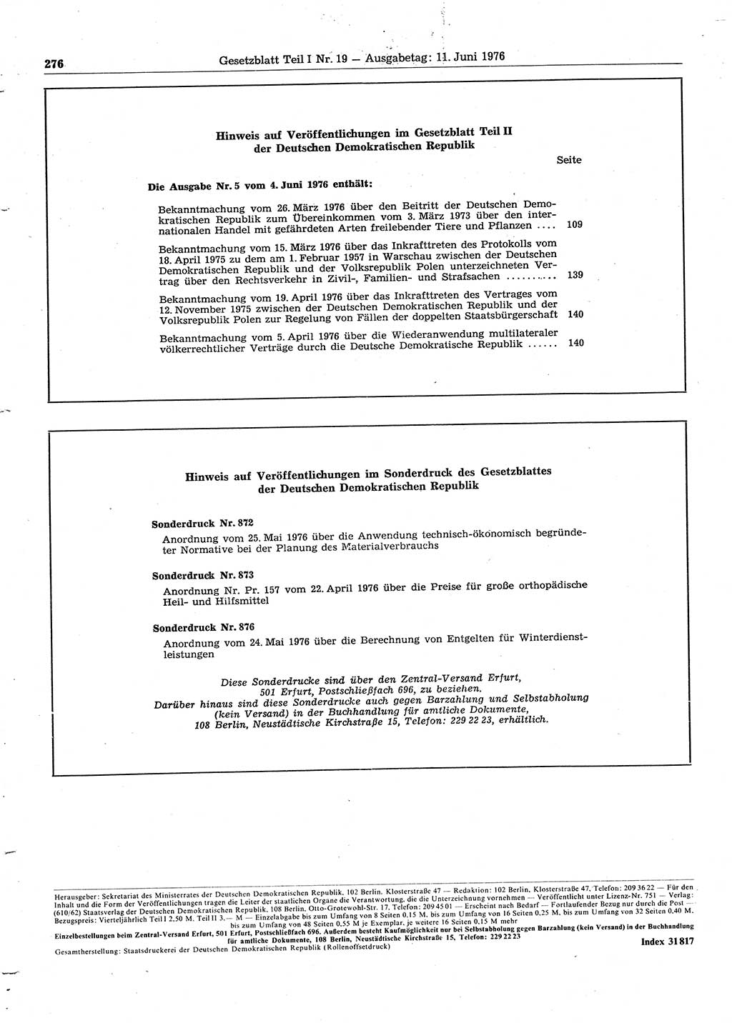 Gesetzblatt (GBl.) der Deutschen Demokratischen Republik (DDR) Teil Ⅰ 1976, Seite 276 (GBl. DDR Ⅰ 1976, S. 276)