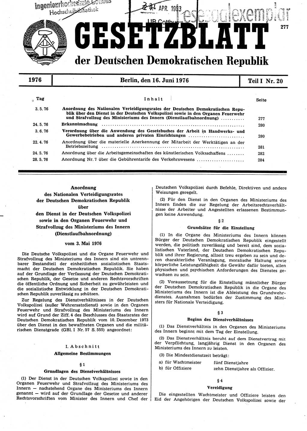 Gesetzblatt (GBl.) der Deutschen Demokratischen Republik (DDR) Teil Ⅰ 1976, Seite 277 (GBl. DDR Ⅰ 1976, S. 277)
