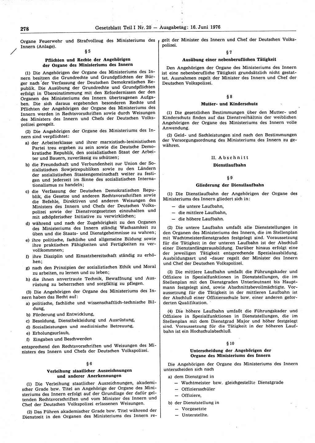 Gesetzblatt (GBl.) der Deutschen Demokratischen Republik (DDR) Teil Ⅰ 1976, Seite 278 (GBl. DDR Ⅰ 1976, S. 278)