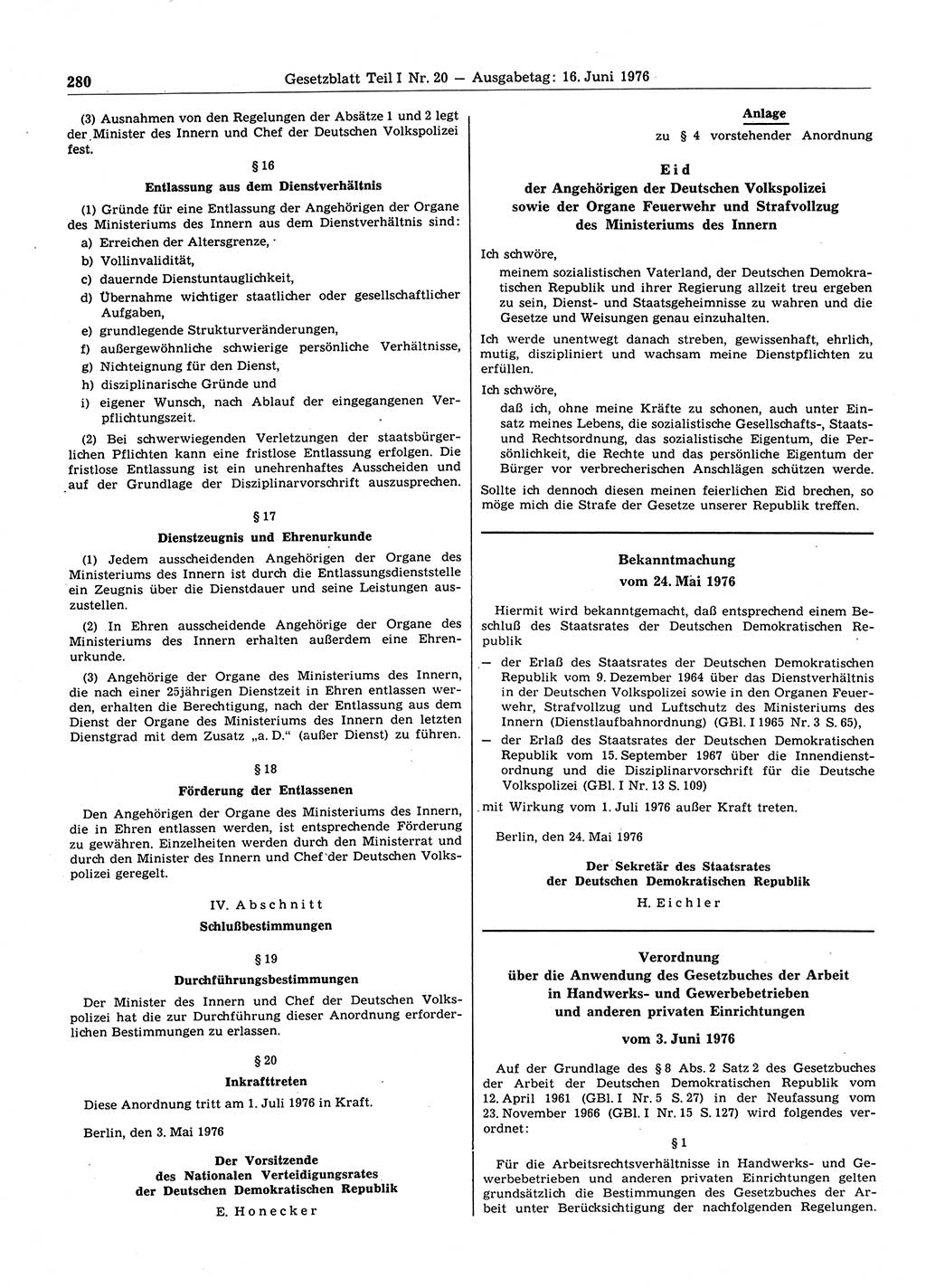 Gesetzblatt (GBl.) der Deutschen Demokratischen Republik (DDR) Teil Ⅰ 1976, Seite 280 (GBl. DDR Ⅰ 1976, S. 280)