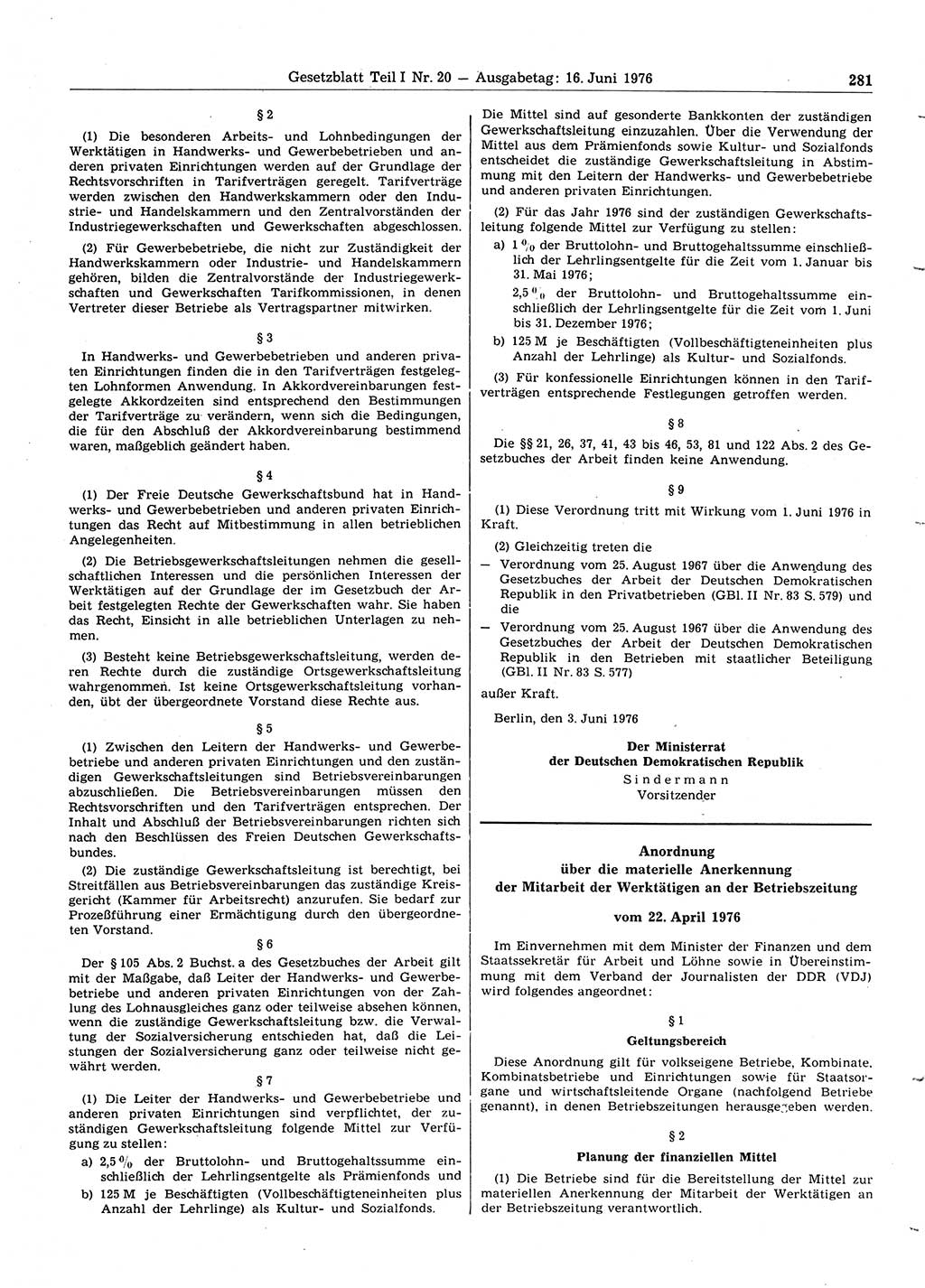 Gesetzblatt (GBl.) der Deutschen Demokratischen Republik (DDR) Teil Ⅰ 1976, Seite 281 (GBl. DDR Ⅰ 1976, S. 281)