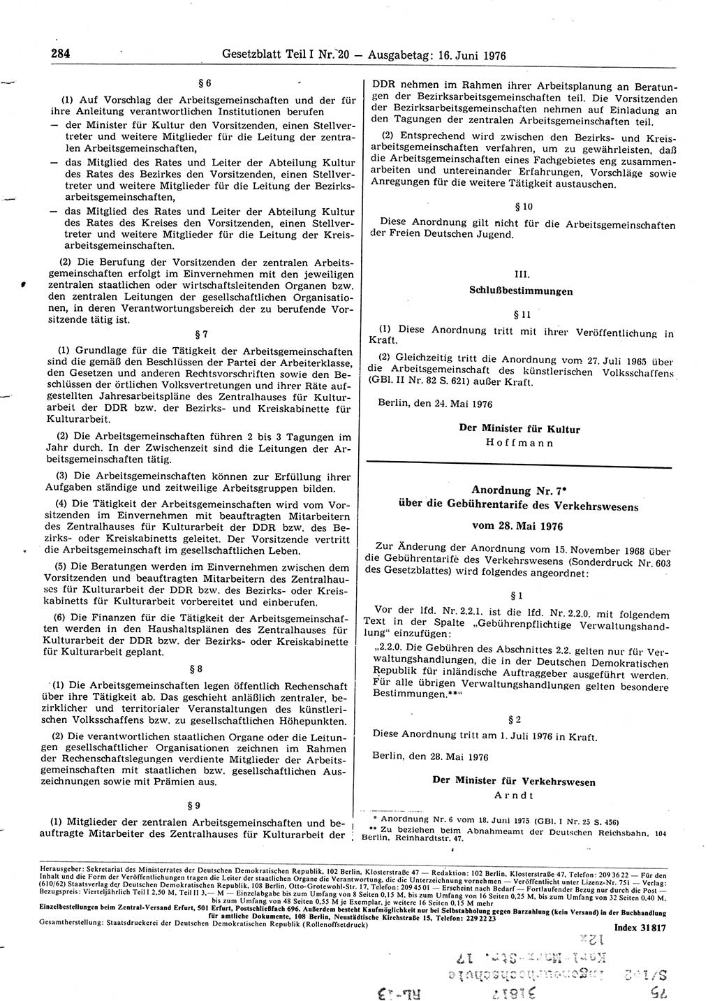 Gesetzblatt (GBl.) der Deutschen Demokratischen Republik (DDR) Teil Ⅰ 1976, Seite 284 (GBl. DDR Ⅰ 1976, S. 284)