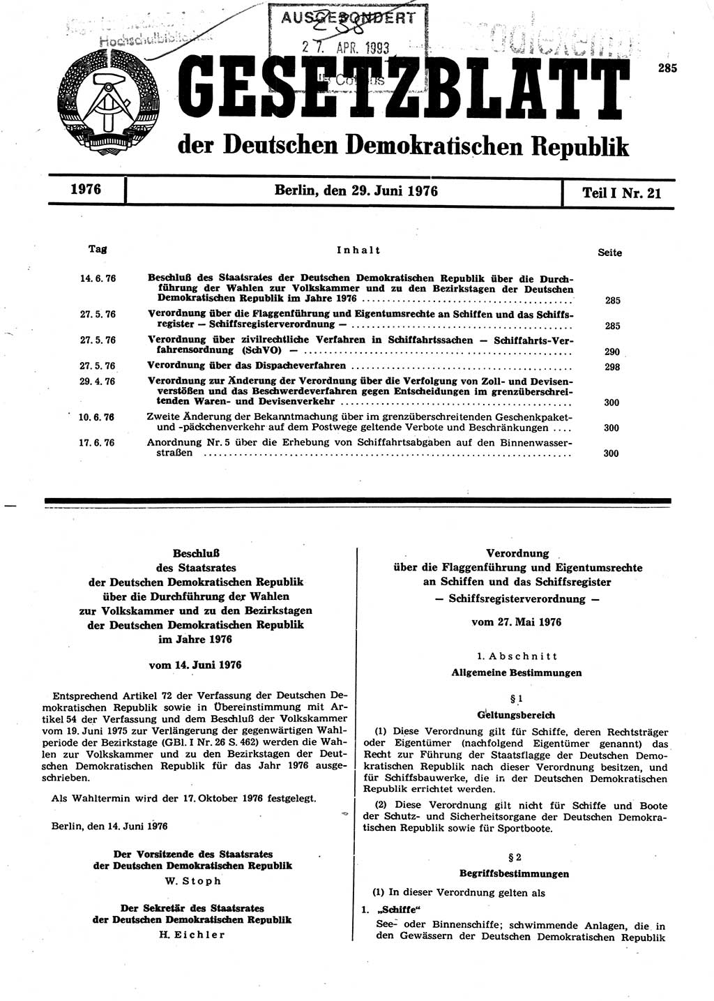 Gesetzblatt (GBl.) der Deutschen Demokratischen Republik (DDR) Teil Ⅰ 1976, Seite 285 (GBl. DDR Ⅰ 1976, S. 285)