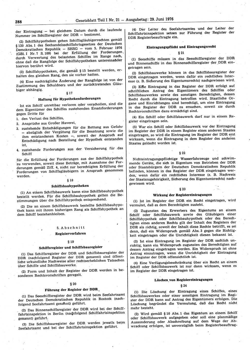 Gesetzblatt (GBl.) der Deutschen Demokratischen Republik (DDR) Teil Ⅰ 1976, Seite 288 (GBl. DDR Ⅰ 1976, S. 288)