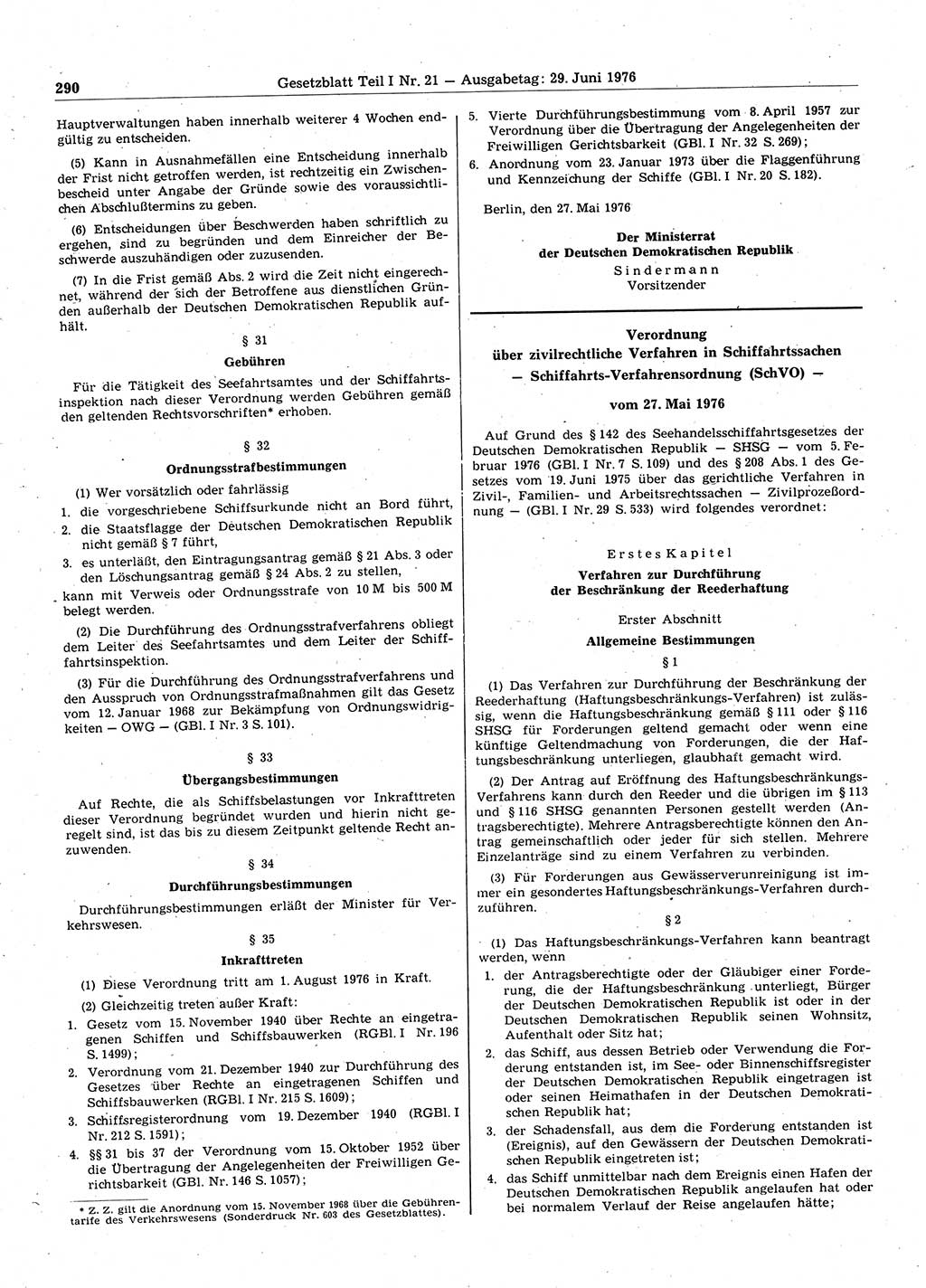 Gesetzblatt (GBl.) der Deutschen Demokratischen Republik (DDR) Teil Ⅰ 1976, Seite 290 (GBl. DDR Ⅰ 1976, S. 290)