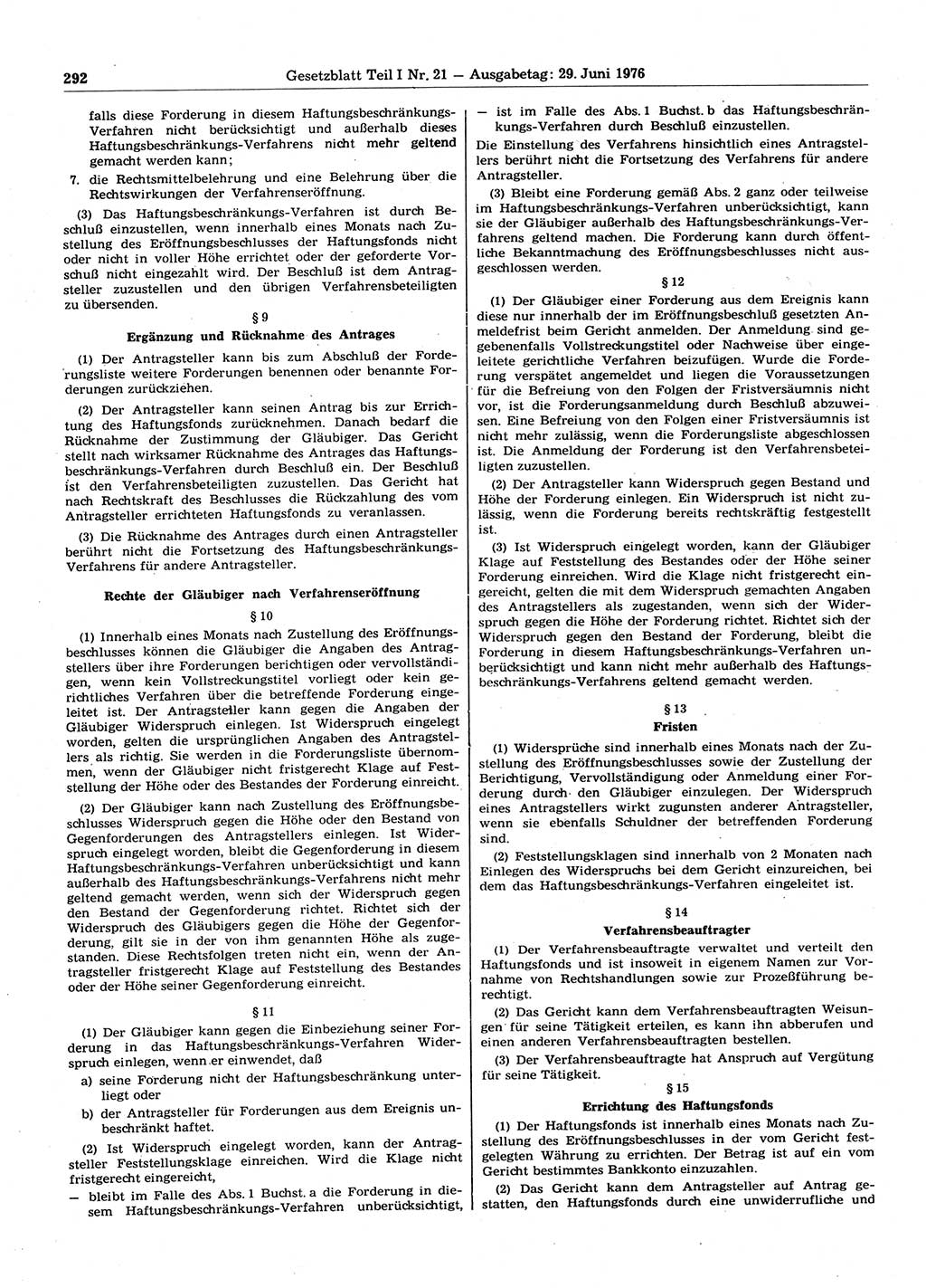 Gesetzblatt (GBl.) der Deutschen Demokratischen Republik (DDR) Teil Ⅰ 1976, Seite 292 (GBl. DDR Ⅰ 1976, S. 292)