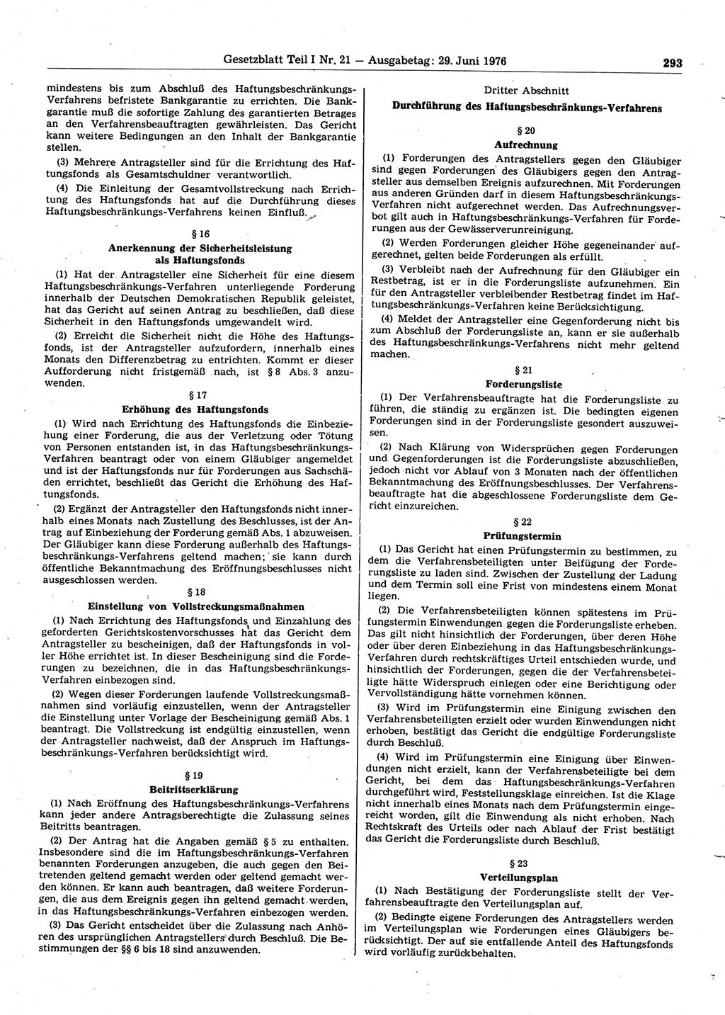 Gesetzblatt (GBl.) der Deutschen Demokratischen Republik (DDR) Teil Ⅰ 1976, Seite 293 (GBl. DDR Ⅰ 1976, S. 293)