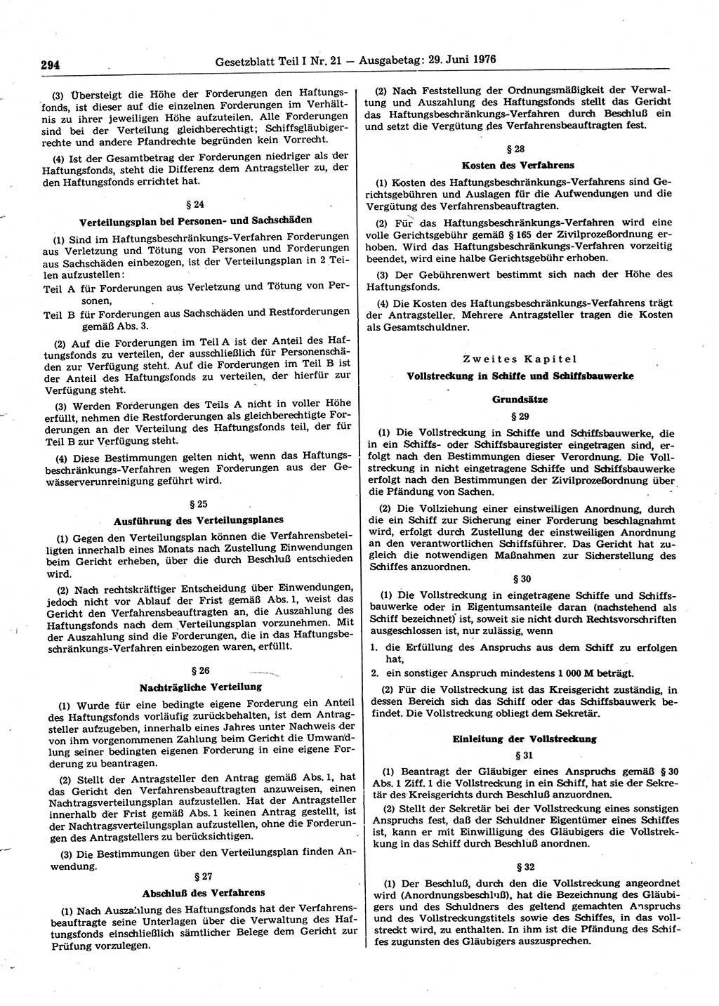 Gesetzblatt (GBl.) der Deutschen Demokratischen Republik (DDR) Teil Ⅰ 1976, Seite 294 (GBl. DDR Ⅰ 1976, S. 294)