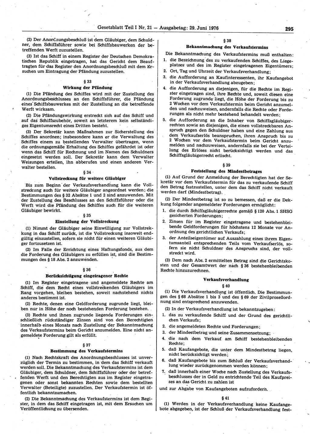 Gesetzblatt (GBl.) der Deutschen Demokratischen Republik (DDR) Teil Ⅰ 1976, Seite 295 (GBl. DDR Ⅰ 1976, S. 295)