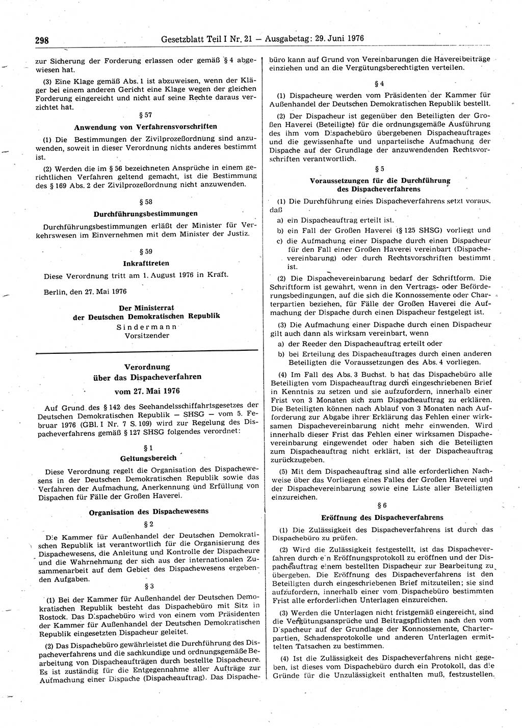 Gesetzblatt (GBl.) der Deutschen Demokratischen Republik (DDR) Teil Ⅰ 1976, Seite 298 (GBl. DDR Ⅰ 1976, S. 298)