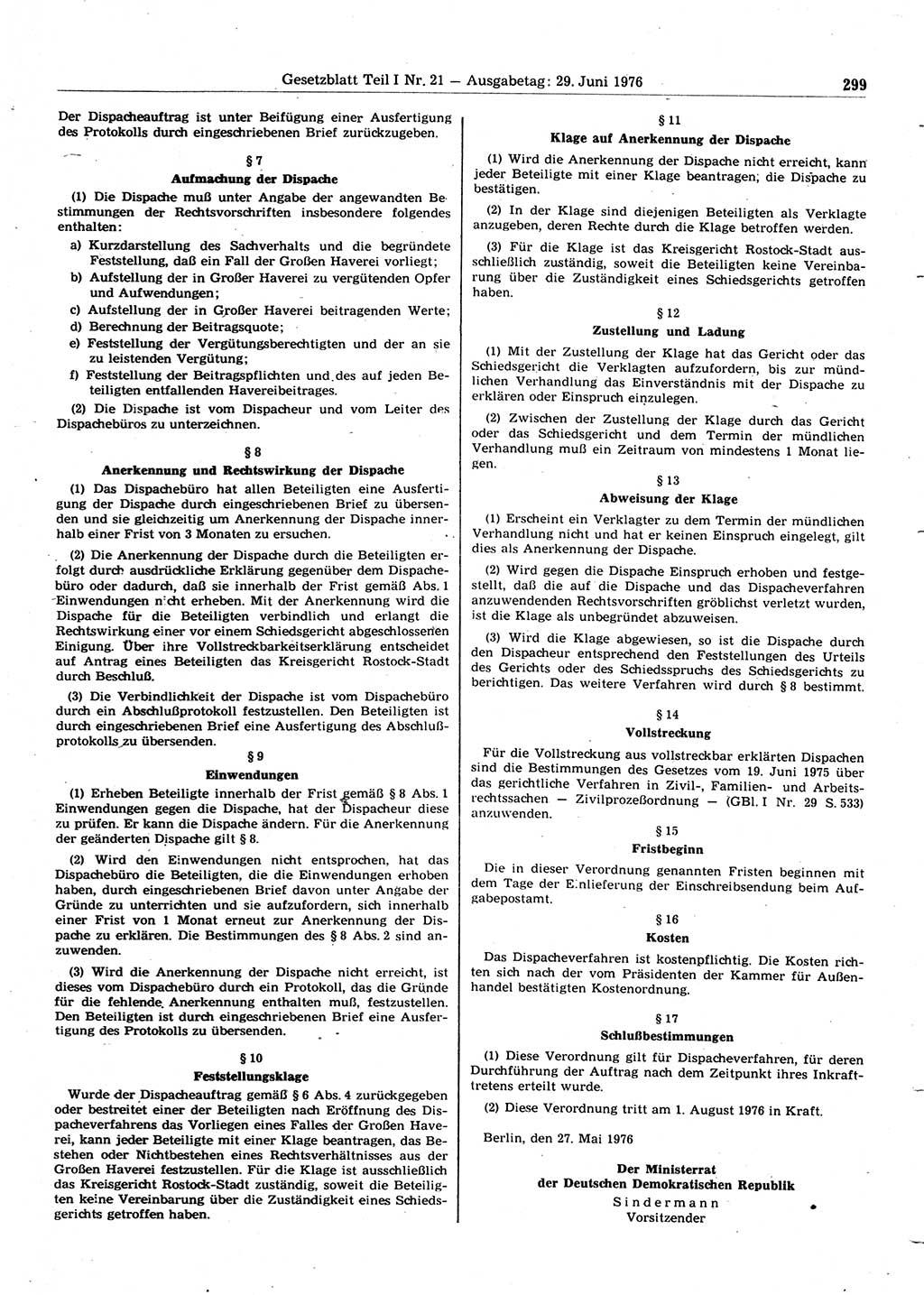 Gesetzblatt (GBl.) der Deutschen Demokratischen Republik (DDR) Teil Ⅰ 1976, Seite 299 (GBl. DDR Ⅰ 1976, S. 299)