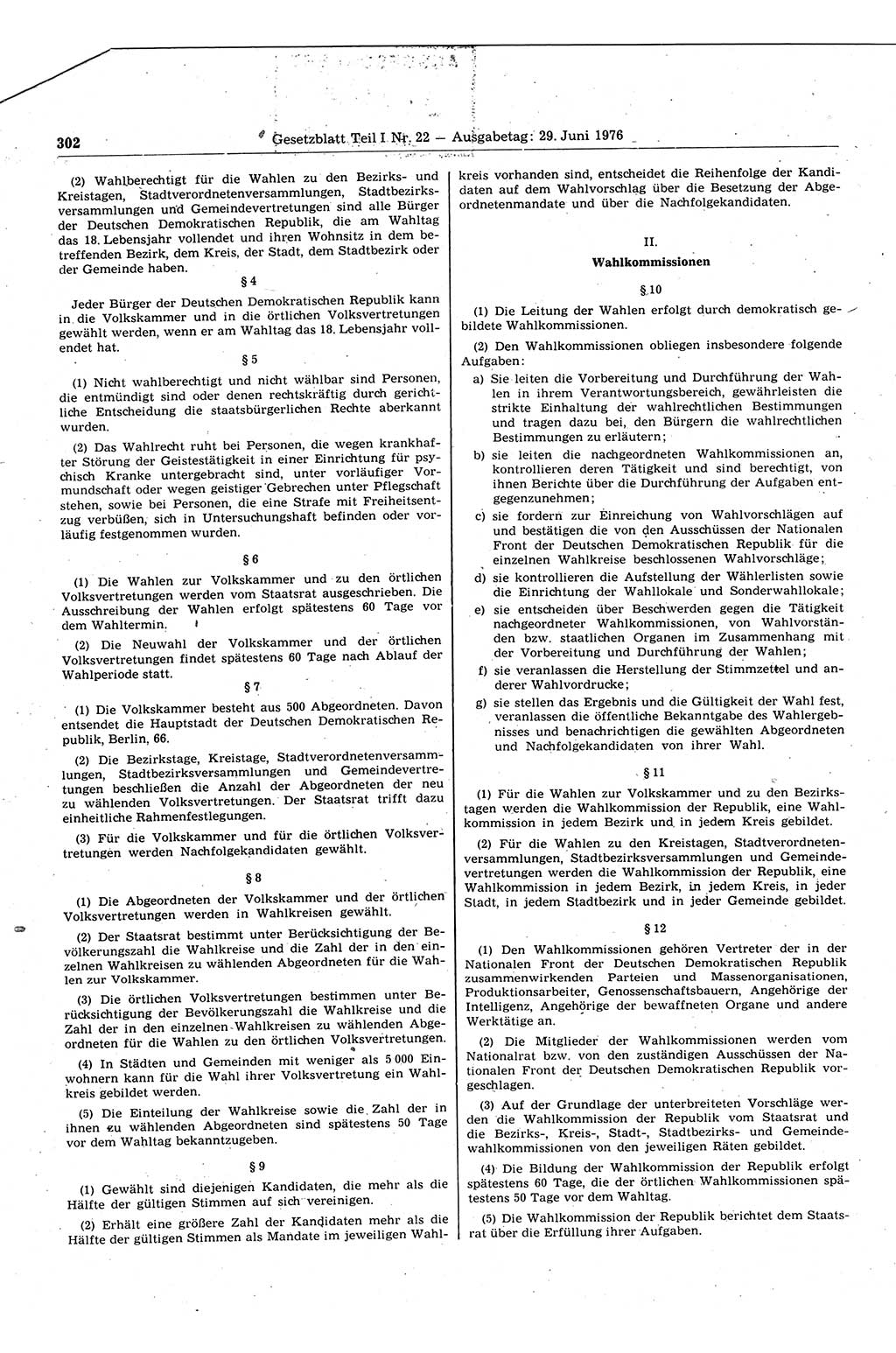 Gesetzblatt (GBl.) der Deutschen Demokratischen Republik (DDR) Teil Ⅰ 1976, Seite 302 (GBl. DDR Ⅰ 1976, S. 302)