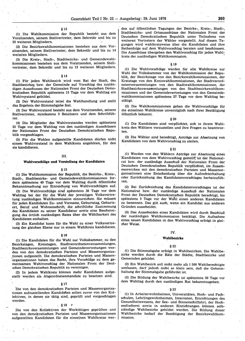 Gesetzblatt (GBl.) der Deutschen Demokratischen Republik (DDR) Teil Ⅰ 1976, Seite 303 (GBl. DDR Ⅰ 1976, S. 303)