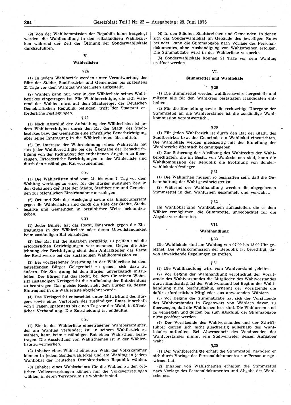 Gesetzblatt (GBl.) der Deutschen Demokratischen Republik (DDR) Teil Ⅰ 1976, Seite 304 (GBl. DDR Ⅰ 1976, S. 304)