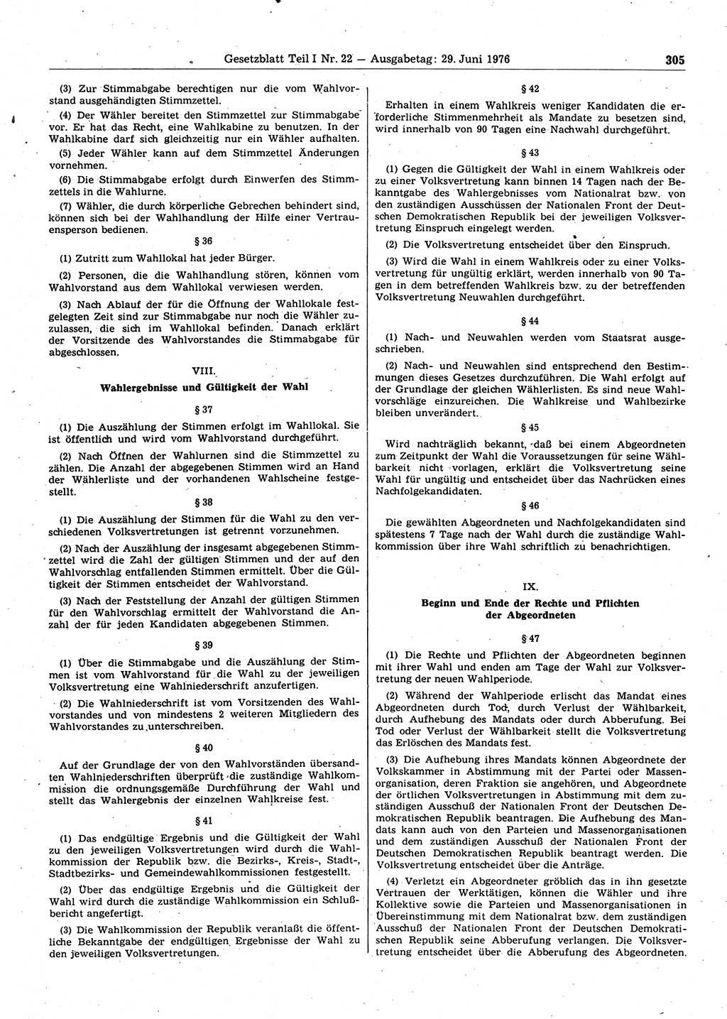 Gesetzblatt (GBl.) der Deutschen Demokratischen Republik (DDR) Teil Ⅰ 1976, Seite 305 (GBl. DDR Ⅰ 1976, S. 305)