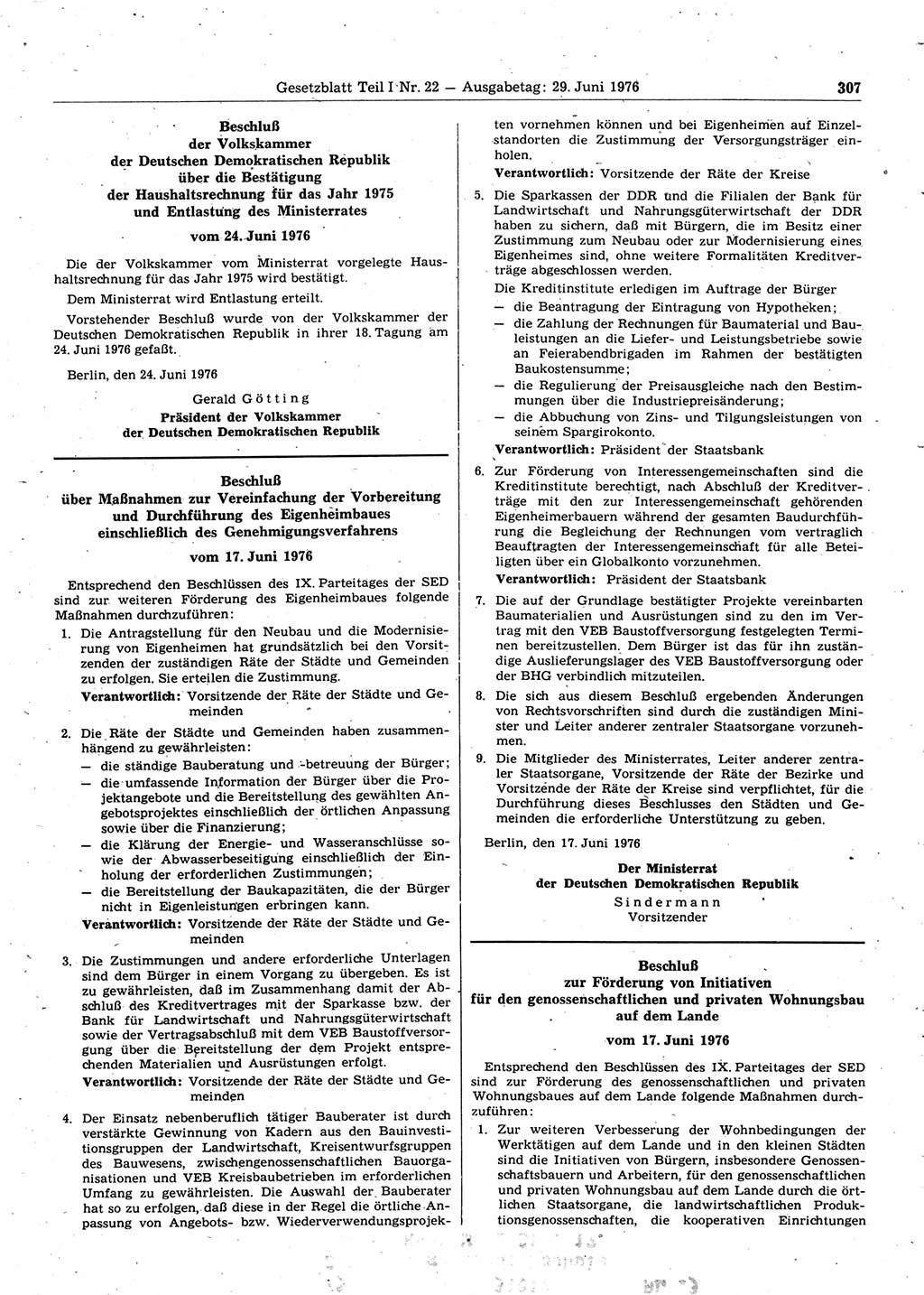 Gesetzblatt (GBl.) der Deutschen Demokratischen Republik (DDR) Teil Ⅰ 1976, Seite 307 (GBl. DDR Ⅰ 1976, S. 307)
