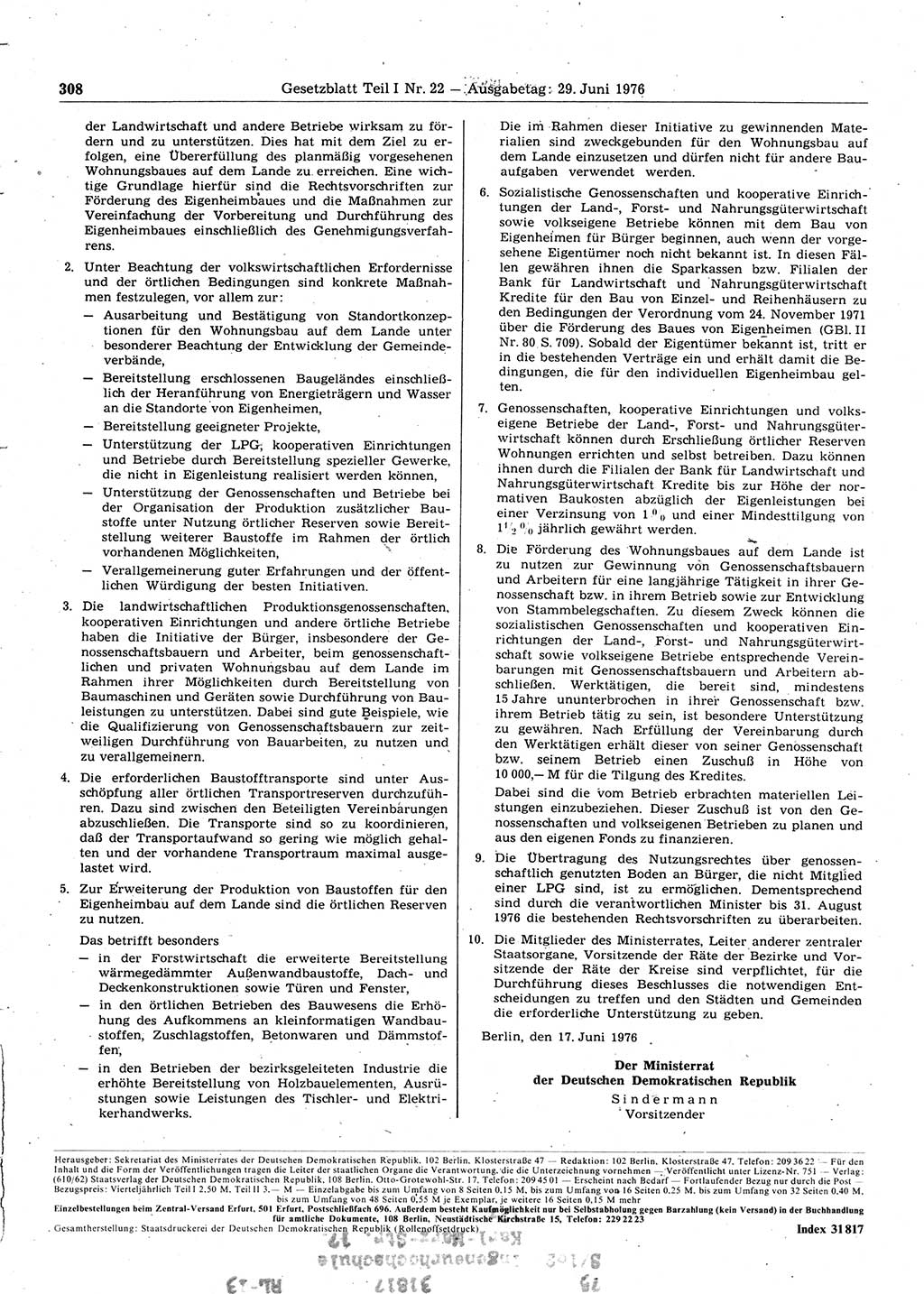 Gesetzblatt (GBl.) der Deutschen Demokratischen Republik (DDR) Teil Ⅰ 1976, Seite 308 (GBl. DDR Ⅰ 1976, S. 308)