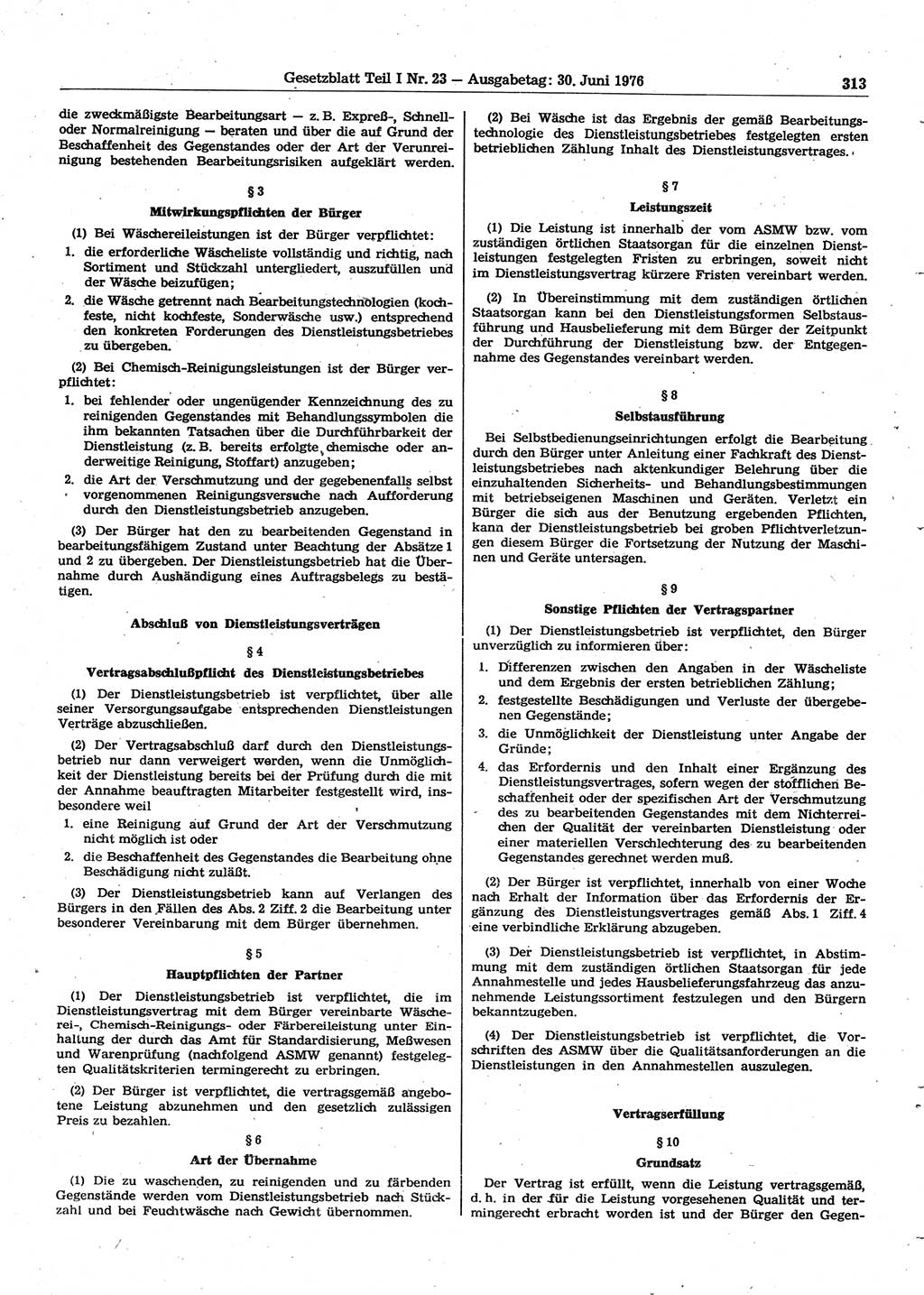 Gesetzblatt (GBl.) der Deutschen Demokratischen Republik (DDR) Teil Ⅰ 1976, Seite 313 (GBl. DDR Ⅰ 1976, S. 313)