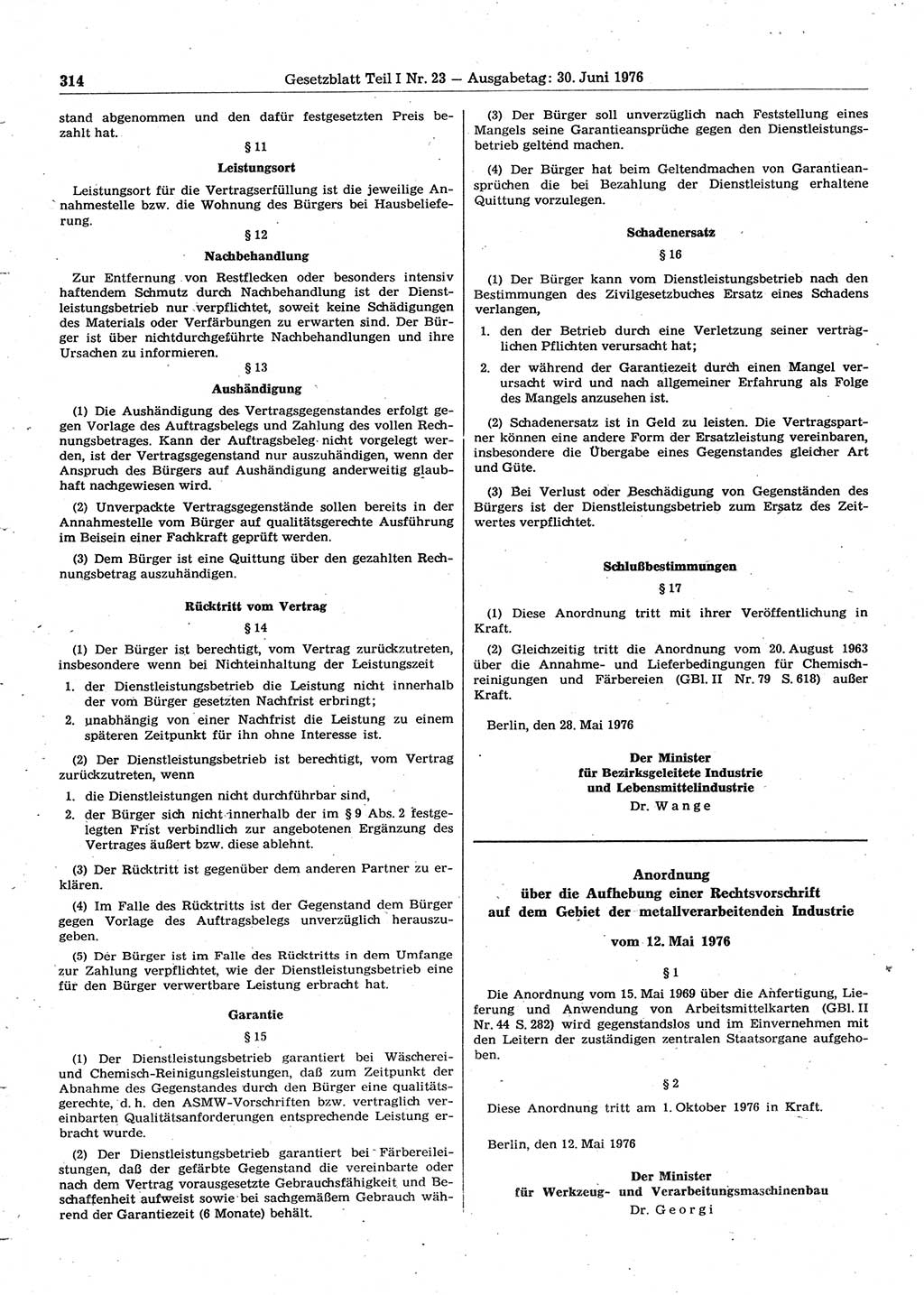 Gesetzblatt (GBl.) der Deutschen Demokratischen Republik (DDR) Teil Ⅰ 1976, Seite 314 (GBl. DDR Ⅰ 1976, S. 314)