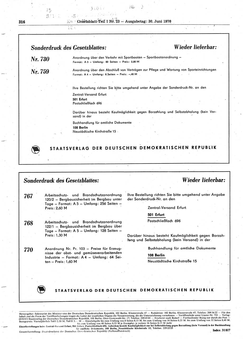 Gesetzblatt (GBl.) der Deutschen Demokratischen Republik (DDR) Teil Ⅰ 1976, Seite 316 (GBl. DDR Ⅰ 1976, S. 316)