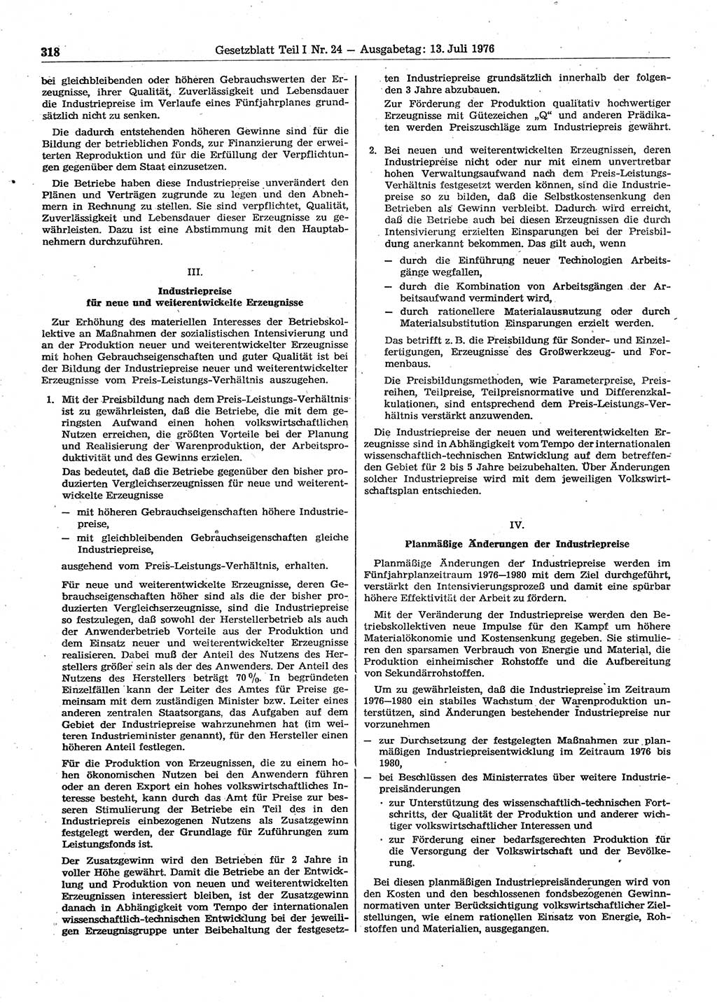 Gesetzblatt (GBl.) der Deutschen Demokratischen Republik (DDR) Teil Ⅰ 1976, Seite 318 (GBl. DDR Ⅰ 1976, S. 318)